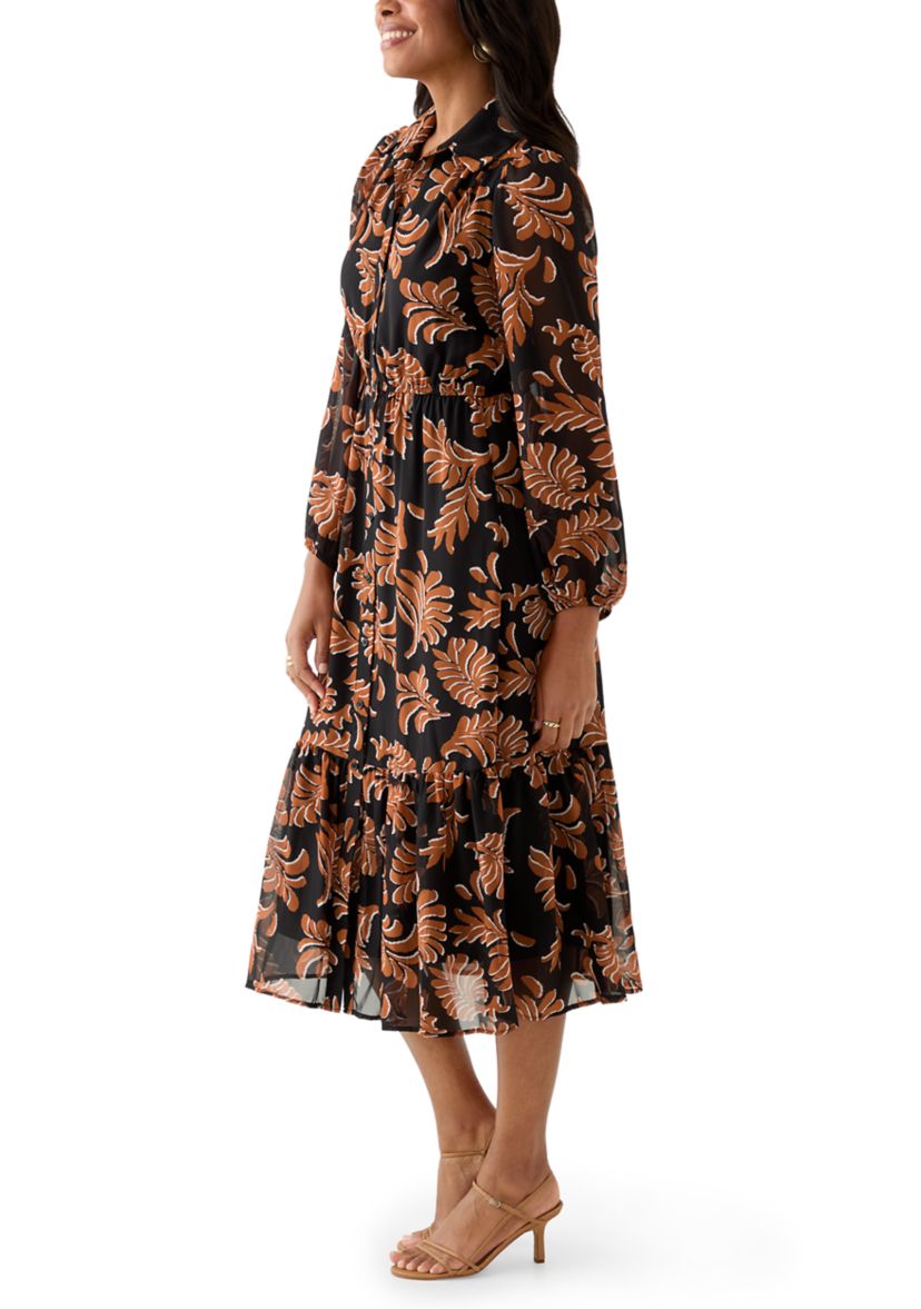 Womens Collar Neck Leaf Print Chiffon Midi Dress