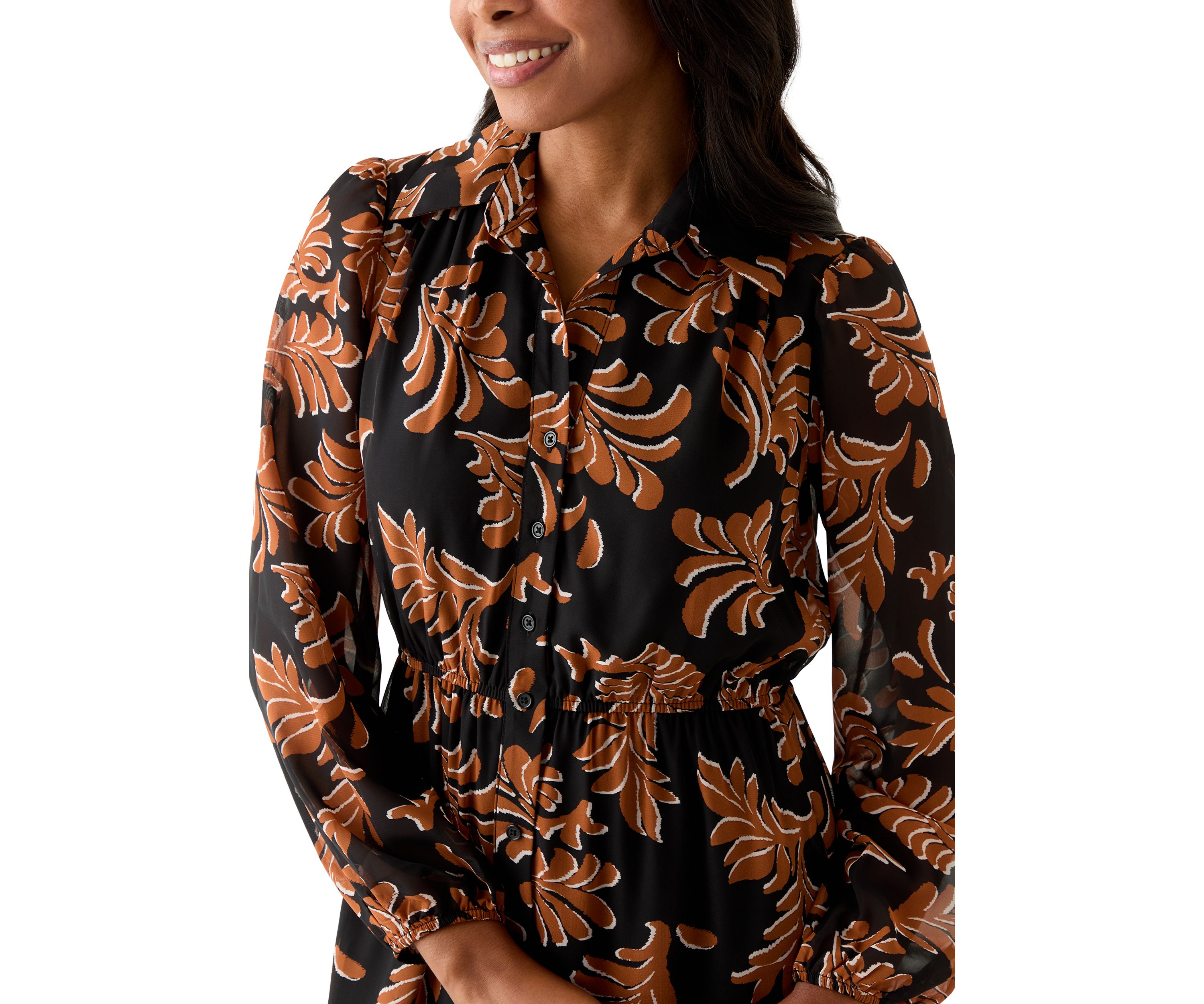 Womens Collar Neck Leaf Print Chiffon Midi Dress
