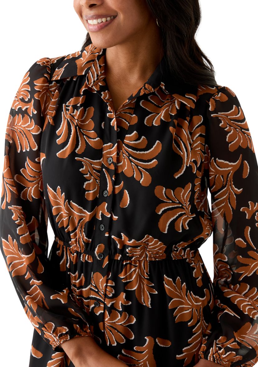 Womens Collar Neck Leaf Print Chiffon Midi Dress