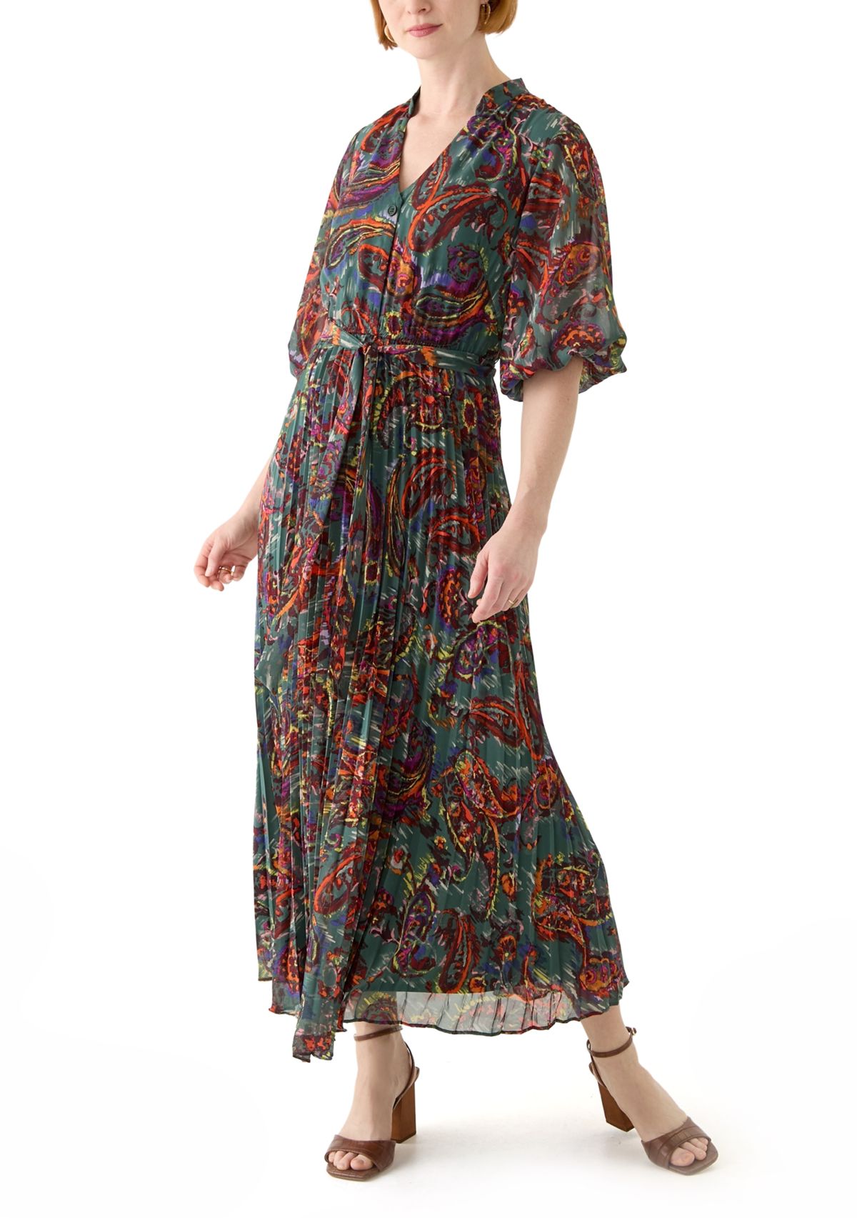Womens Elbow Sleeve V-Neck Paisley Print Midi Chiffon Fit and Flare Dress