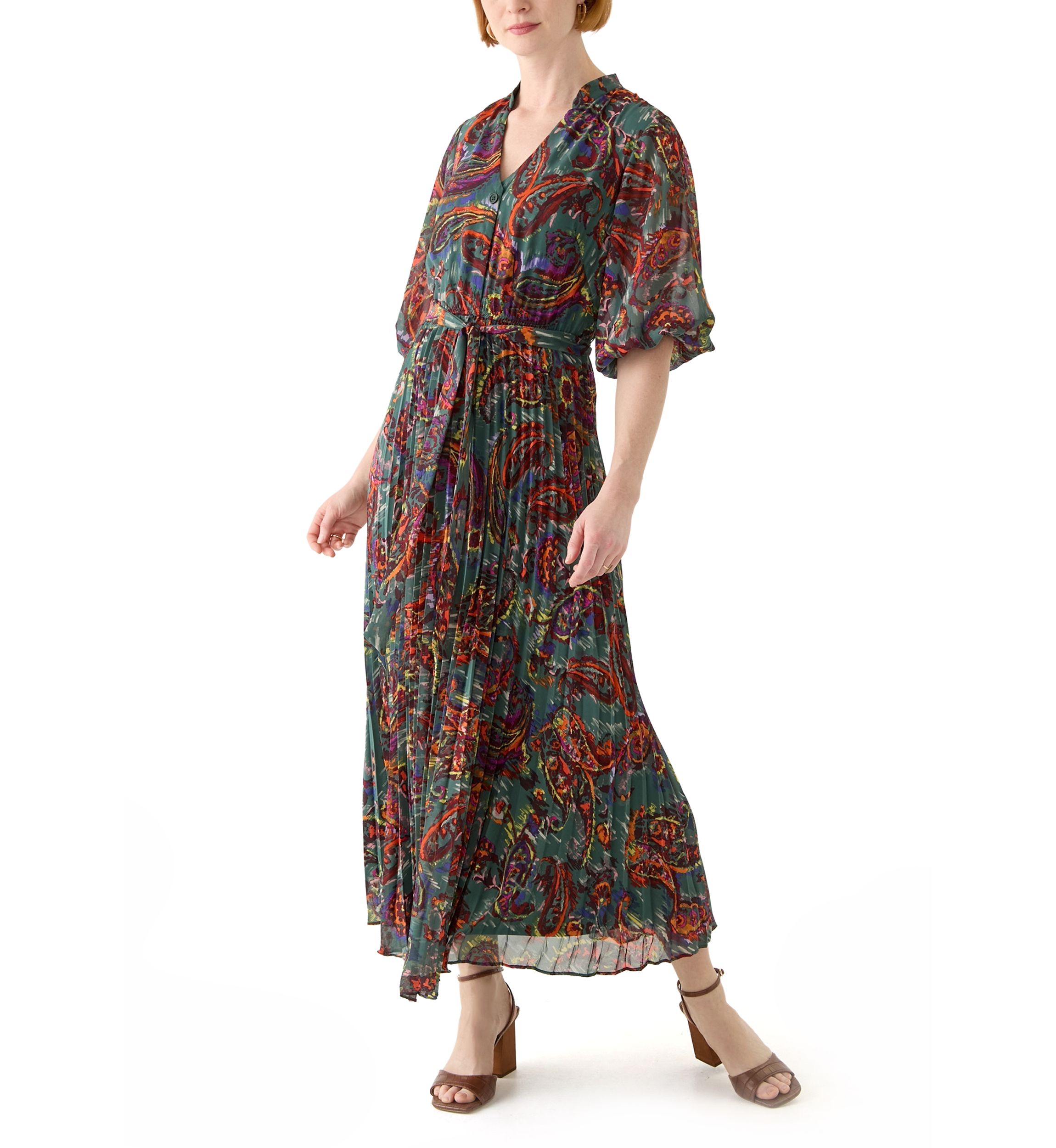 Womens Elbow Sleeve V-Neck Paisley Print Midi Chiffon Fit and Flare Dress