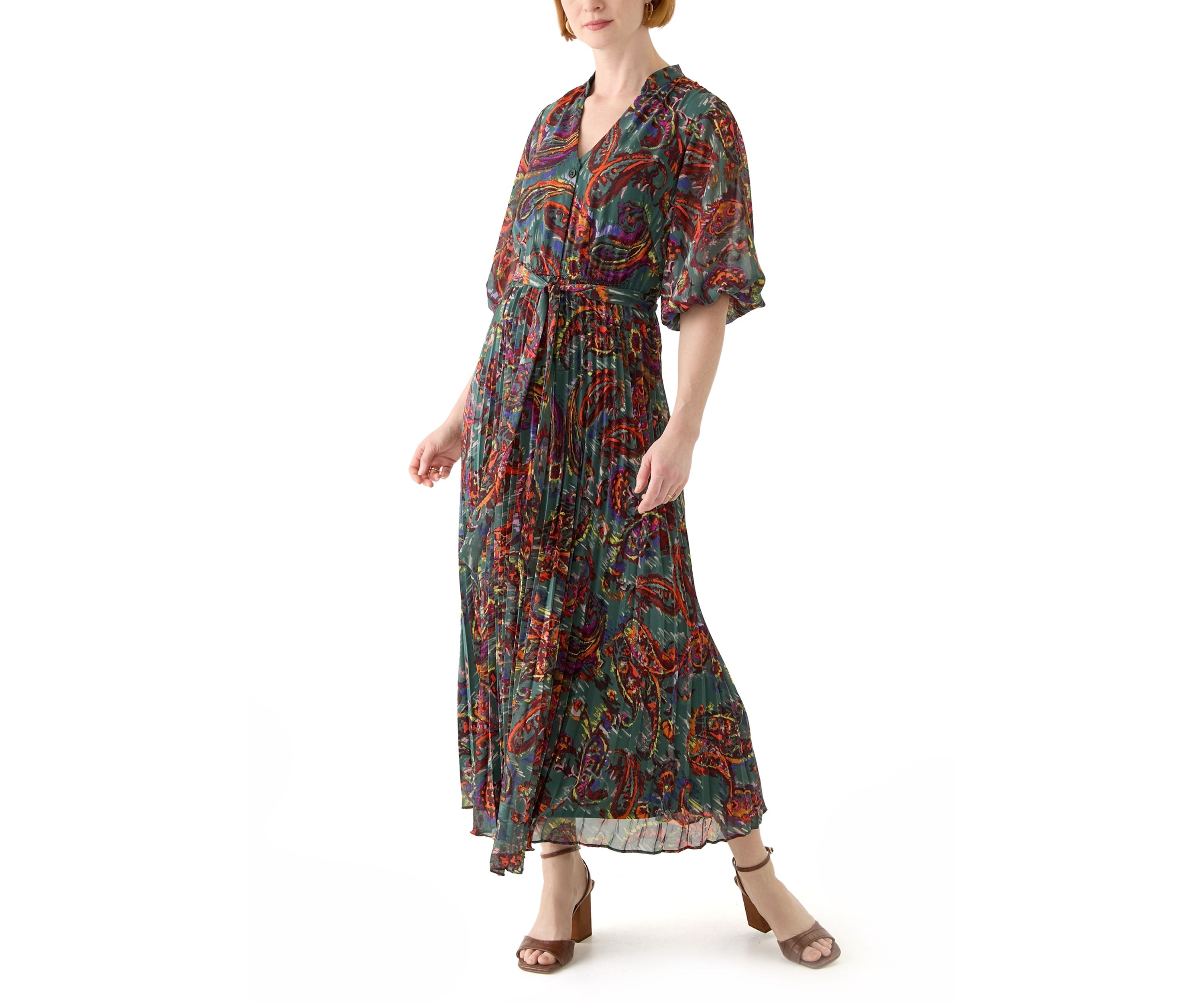 Womens Elbow Sleeve V-Neck Paisley Print Midi Chiffon Fit and Flare Dress