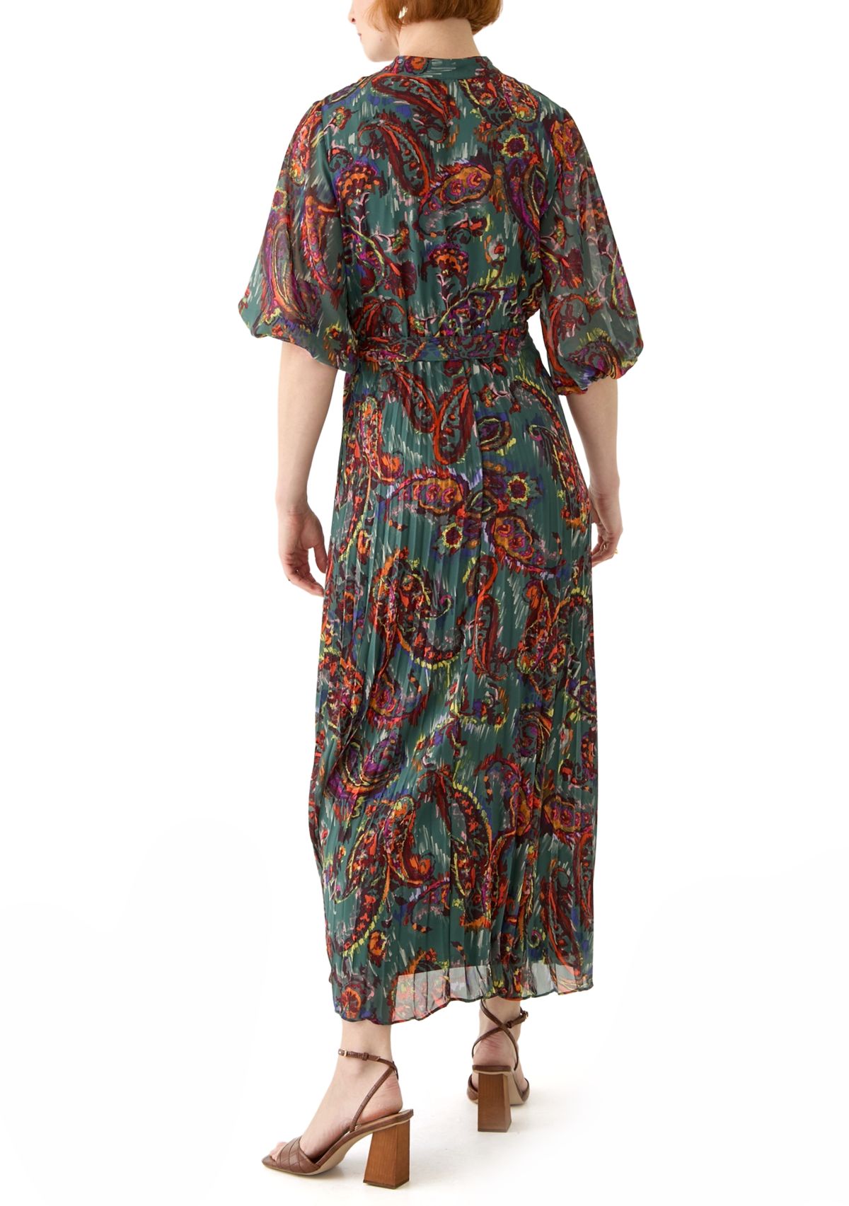 Womens Elbow Sleeve V-Neck Paisley Print Midi Chiffon Fit and Flare Dress