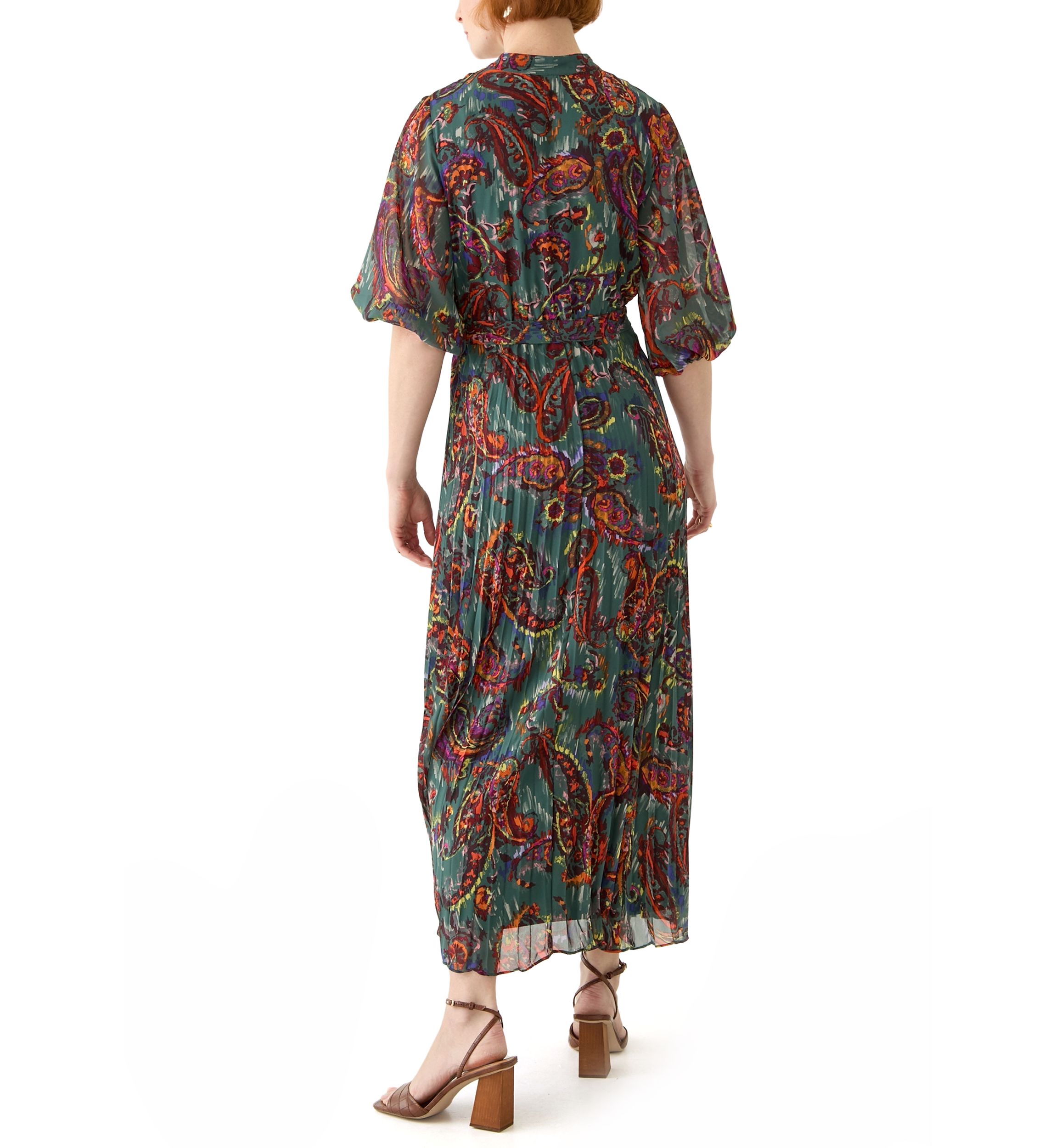 Womens Elbow Sleeve V-Neck Paisley Print Midi Chiffon Fit and Flare Dress