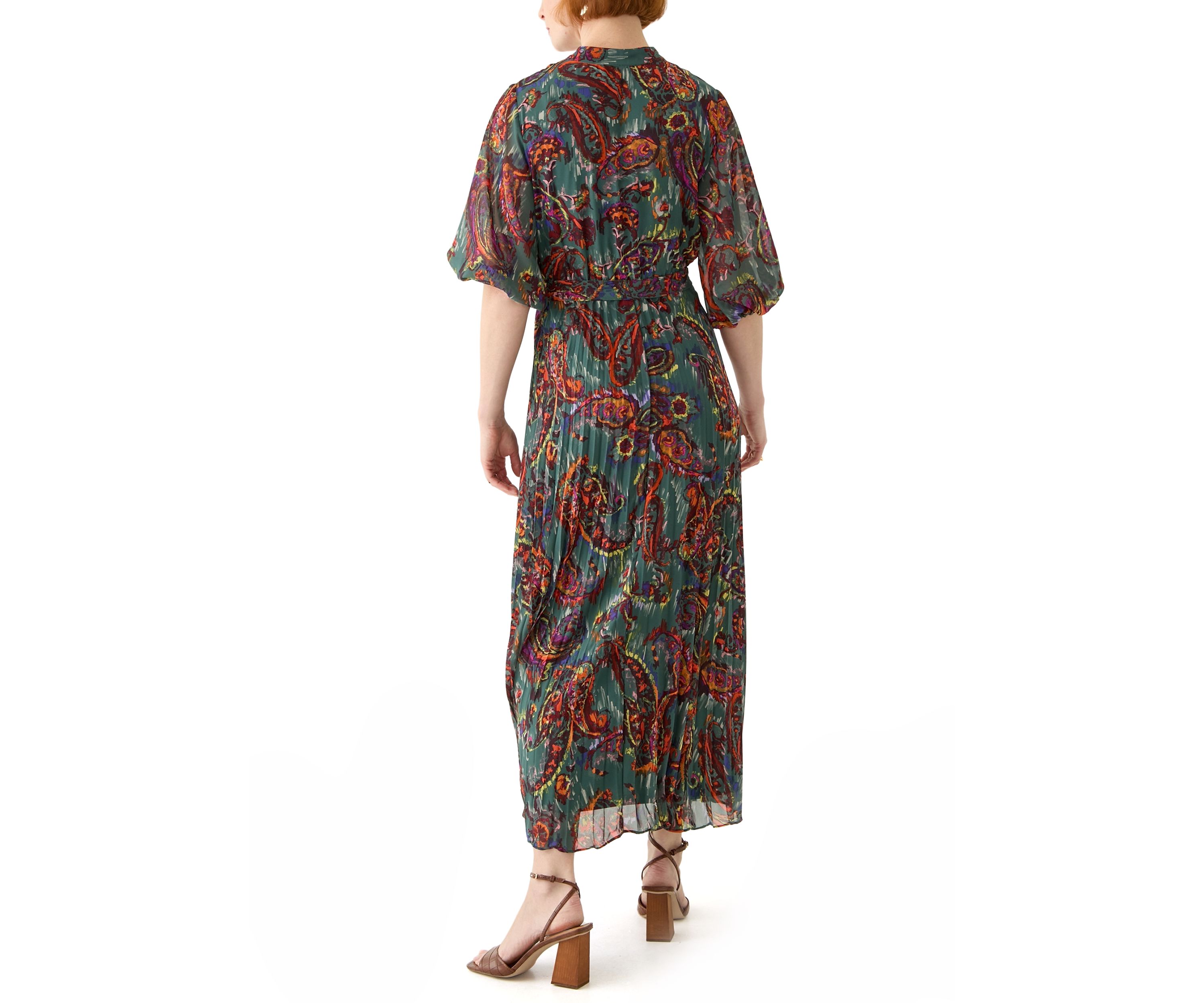 Womens Elbow Sleeve V-Neck Paisley Print Midi Chiffon Fit and Flare Dress