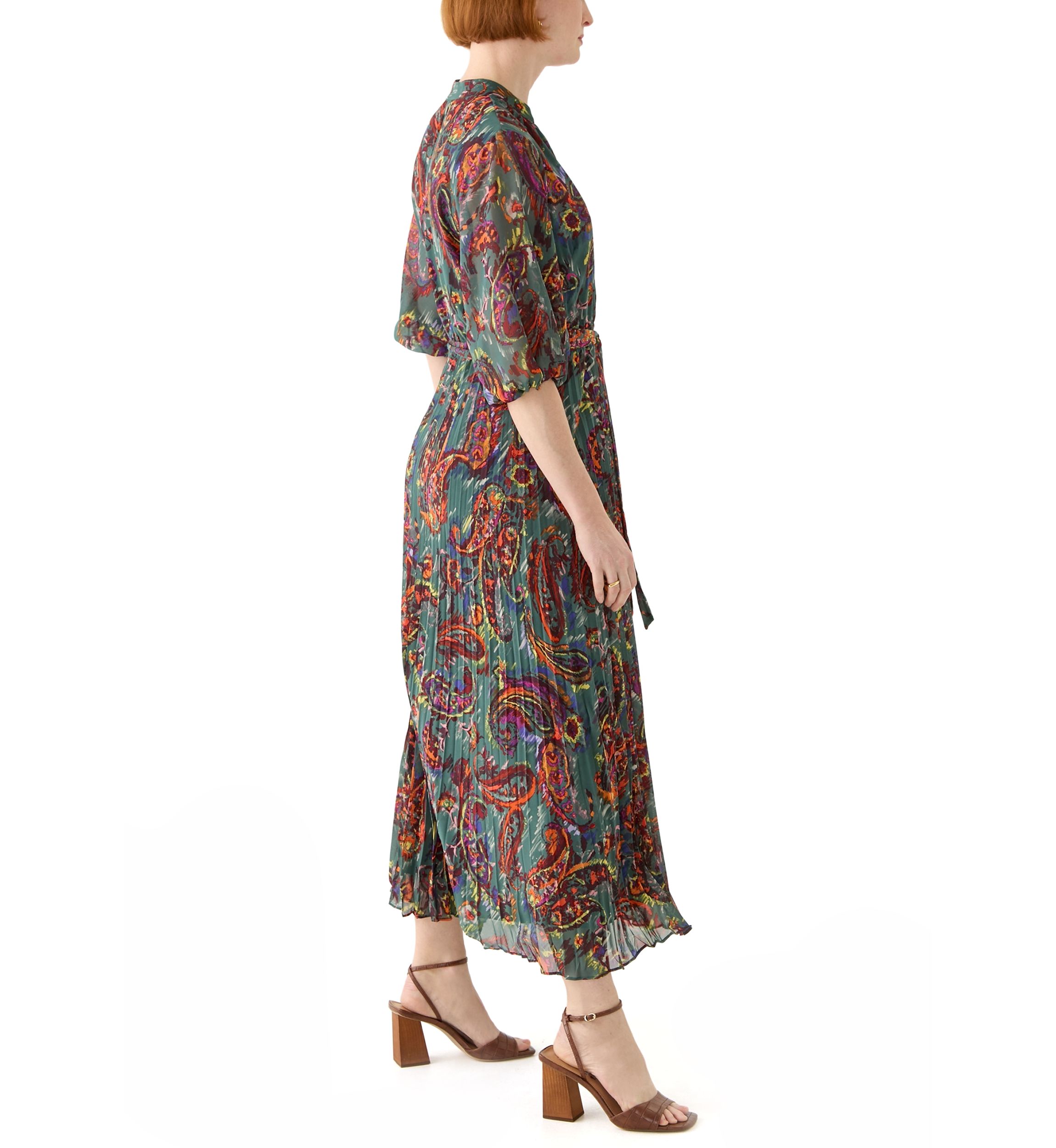 Womens Elbow Sleeve V-Neck Paisley Print Midi Chiffon Fit and Flare Dress