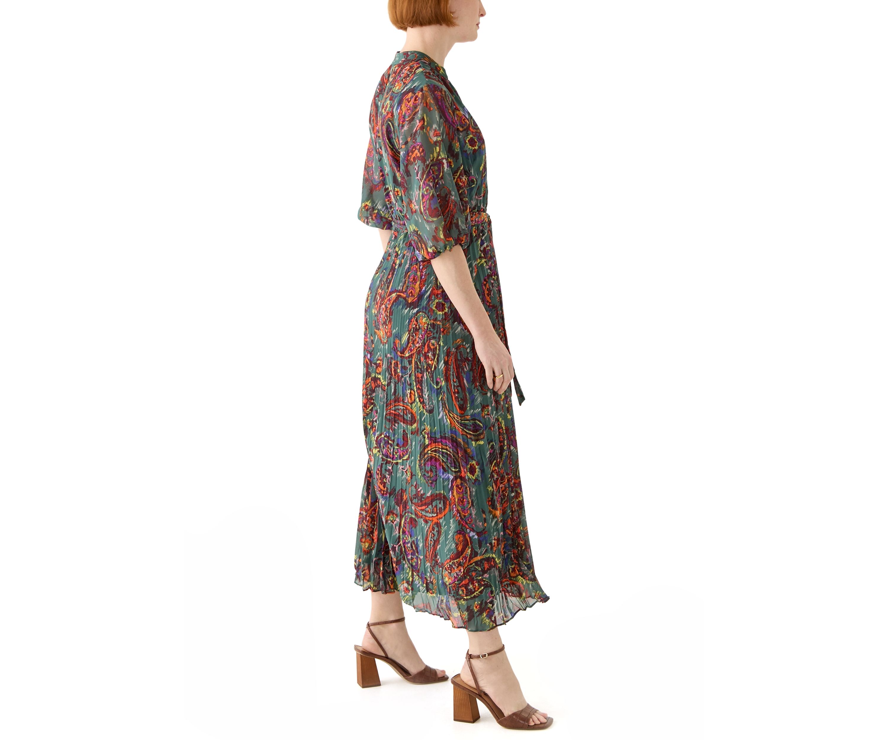 Womens Elbow Sleeve V-Neck Paisley Print Midi Chiffon Fit and Flare Dress