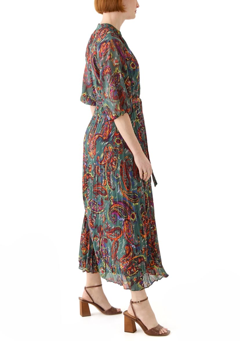 Womens Elbow Sleeve V-Neck Paisley Print Midi Chiffon Fit and Flare Dress