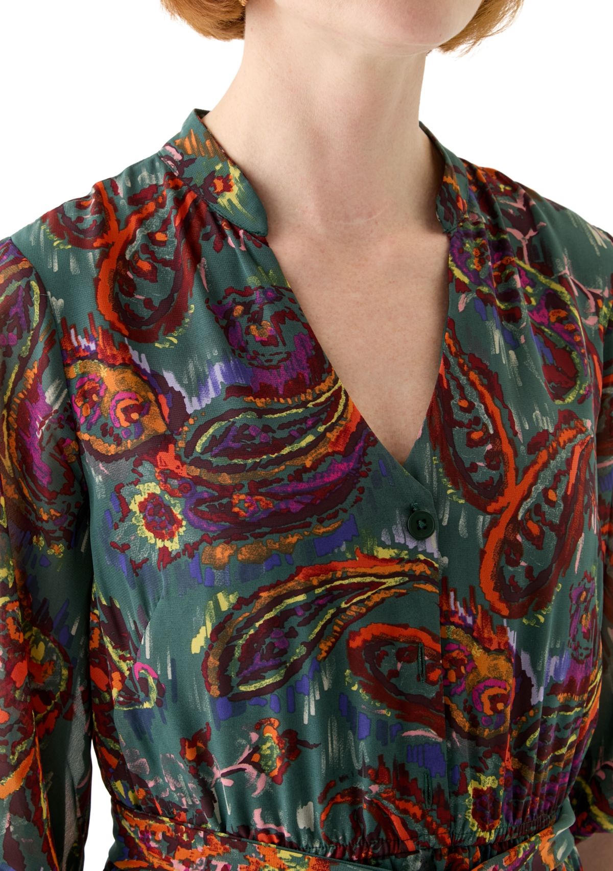 Womens Elbow Sleeve V-Neck Paisley Print Midi Chiffon Fit and Flare Dress