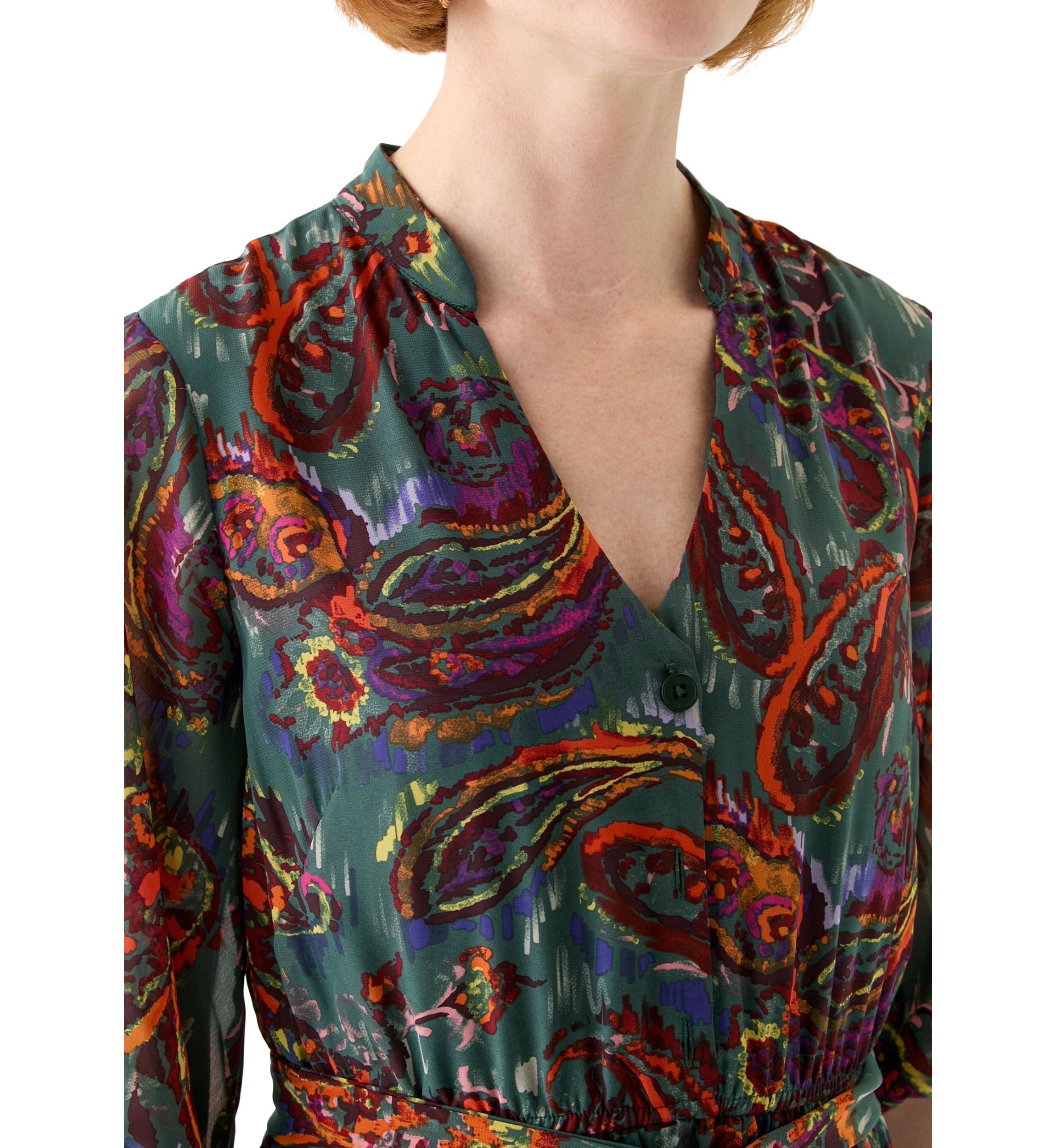 Womens Elbow Sleeve V-Neck Paisley Print Midi Chiffon Fit and Flare Dress