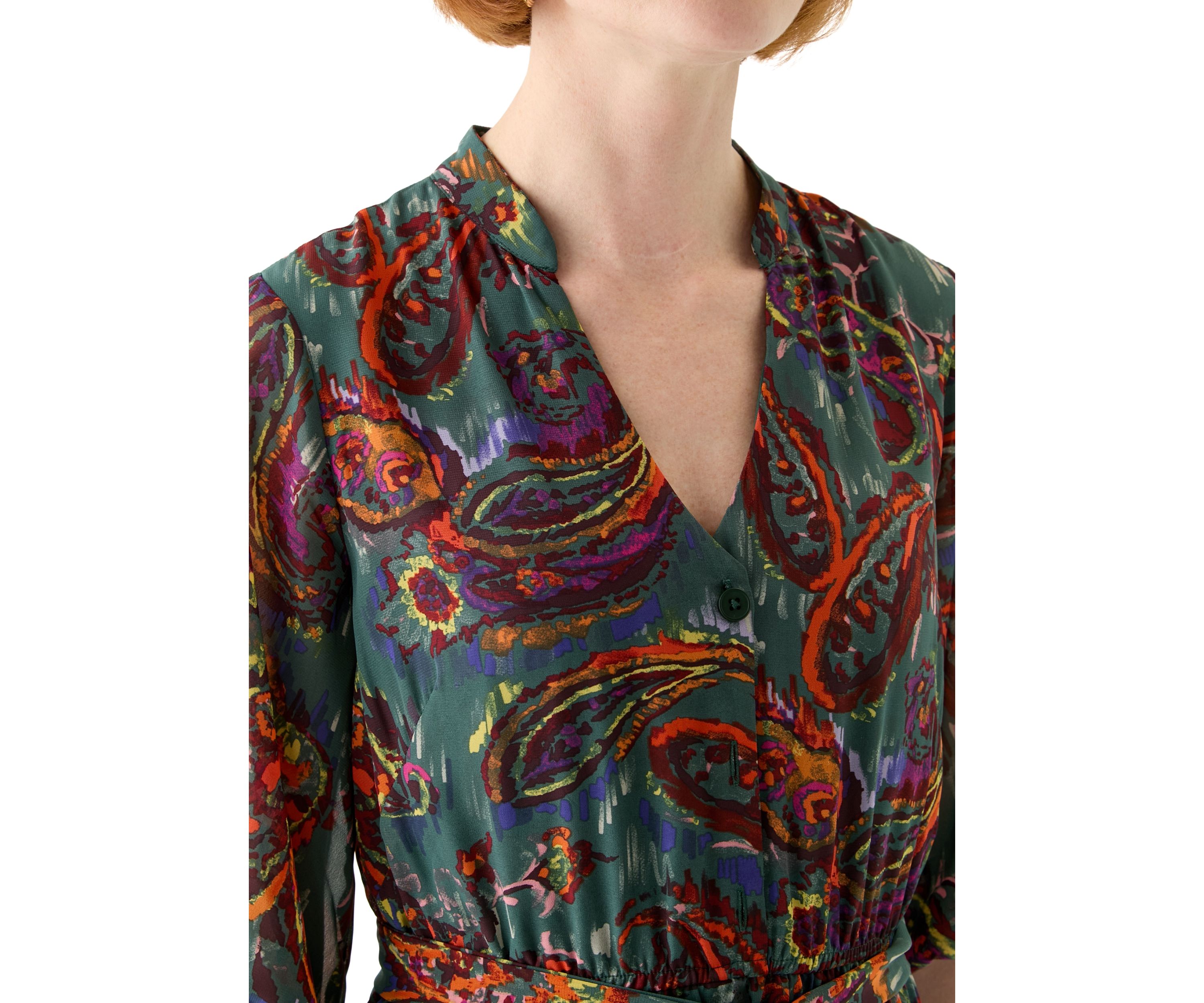Womens Elbow Sleeve V-Neck Paisley Print Midi Chiffon Fit and Flare Dress