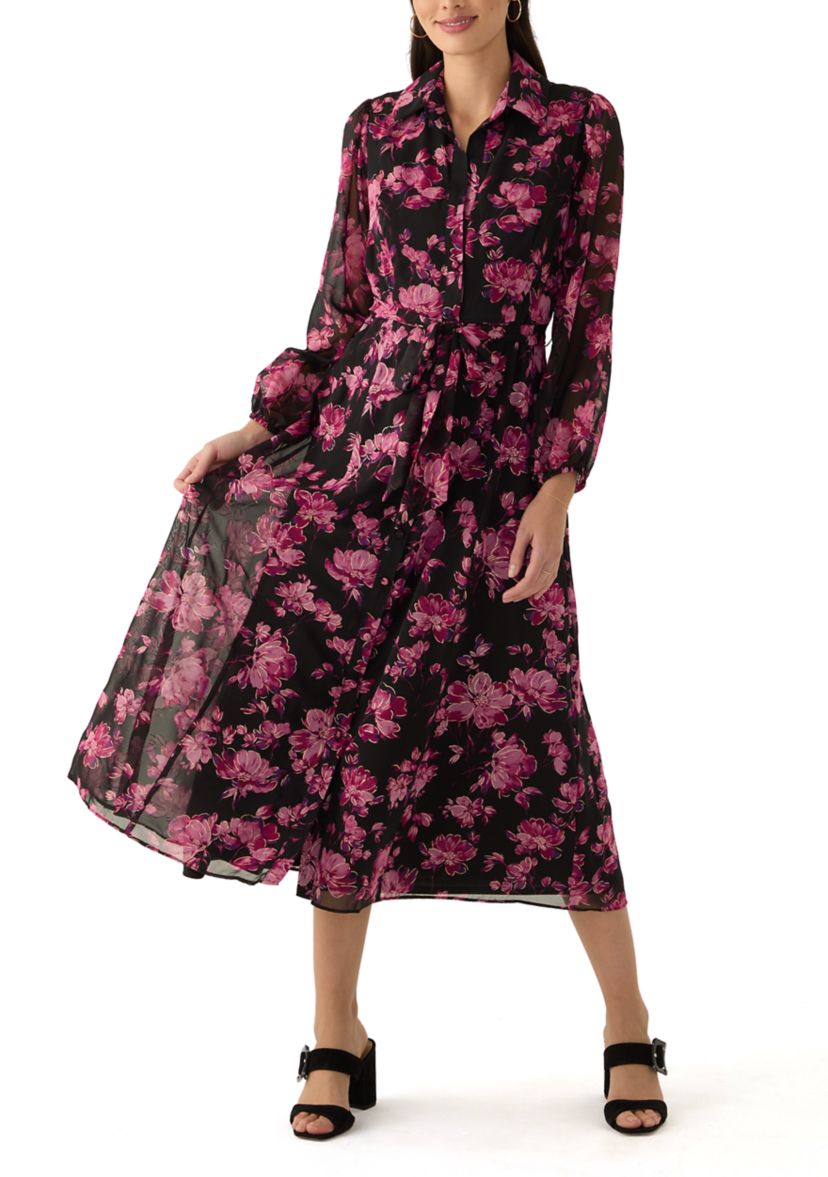 Womens Long Sleeve V-Neck Floral Print Chiffon Fit and Flare Dress