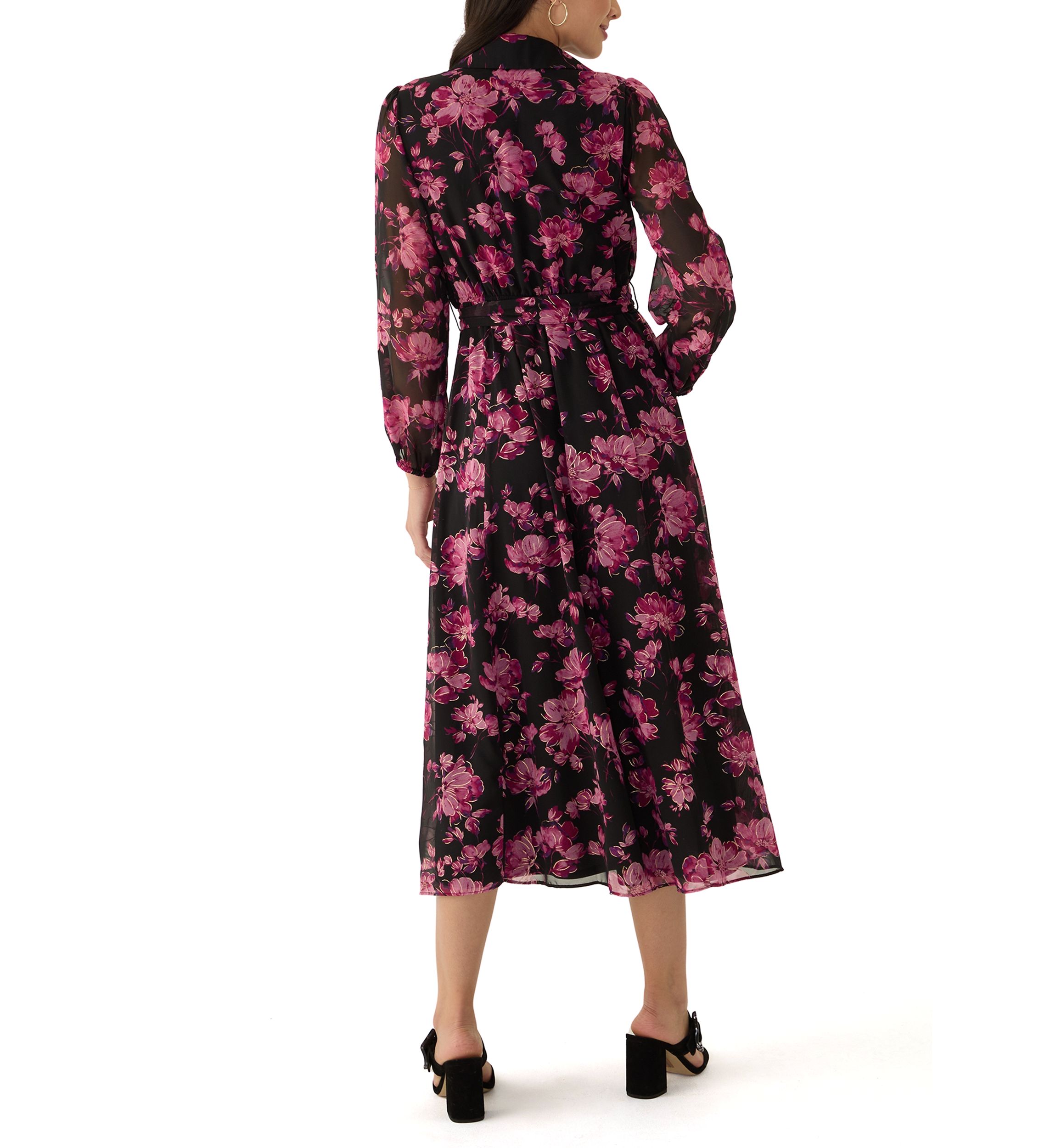 Womens Long Sleeve V-Neck Floral Print Chiffon Fit and Flare Dress
