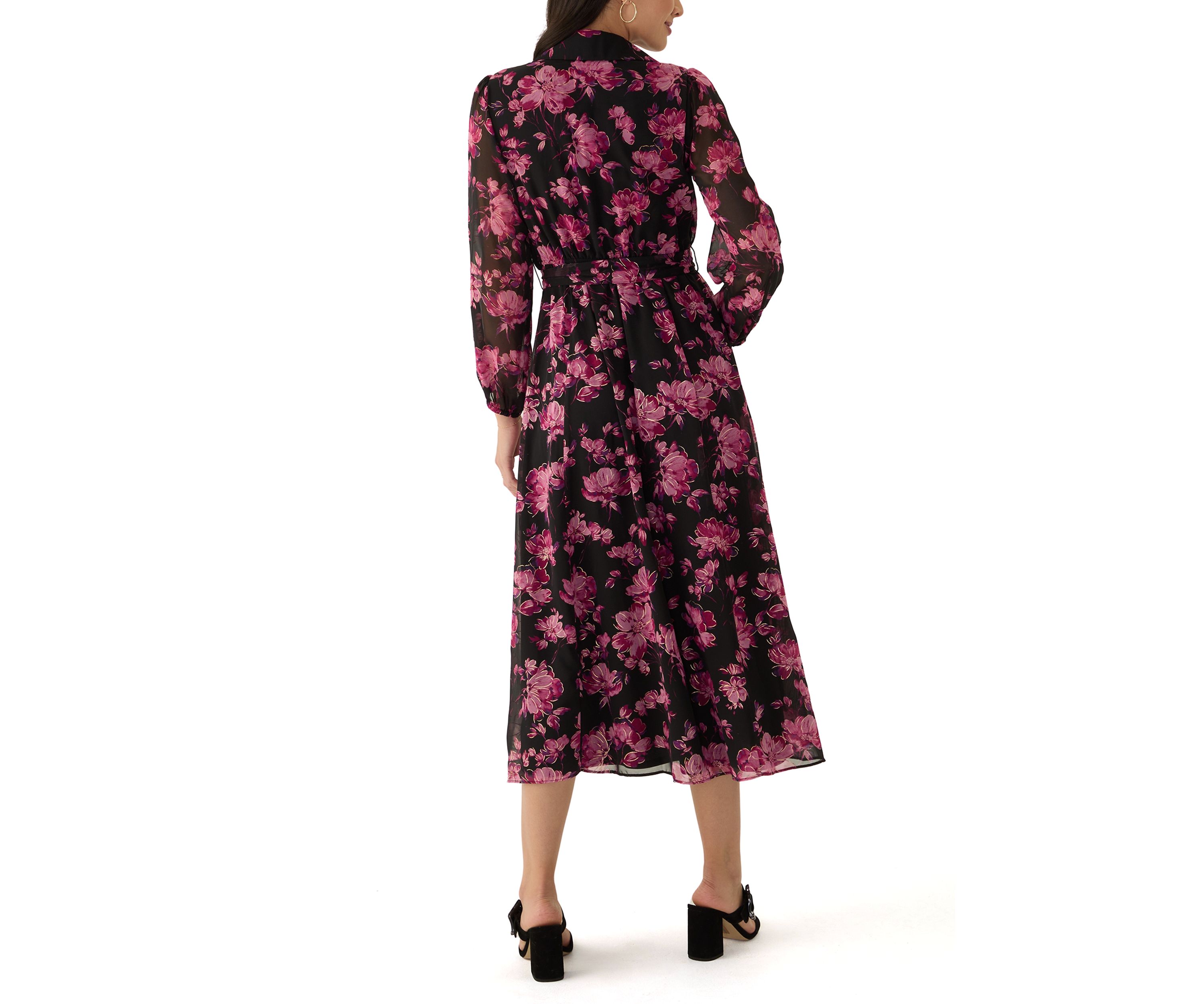 Womens Long Sleeve V-Neck Floral Print Chiffon Fit and Flare Dress