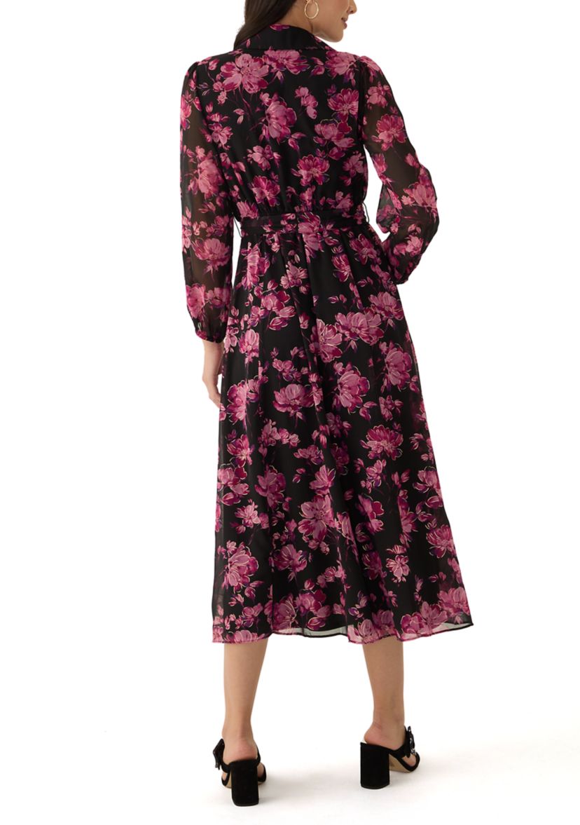 Womens Long Sleeve V-Neck Floral Print Chiffon Fit and Flare Dress