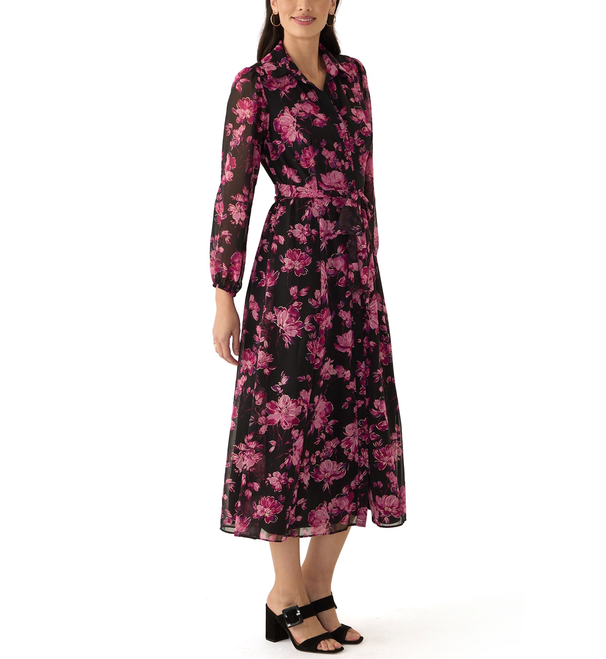 Womens Long Sleeve V-Neck Floral Print Chiffon Fit and Flare Dress
