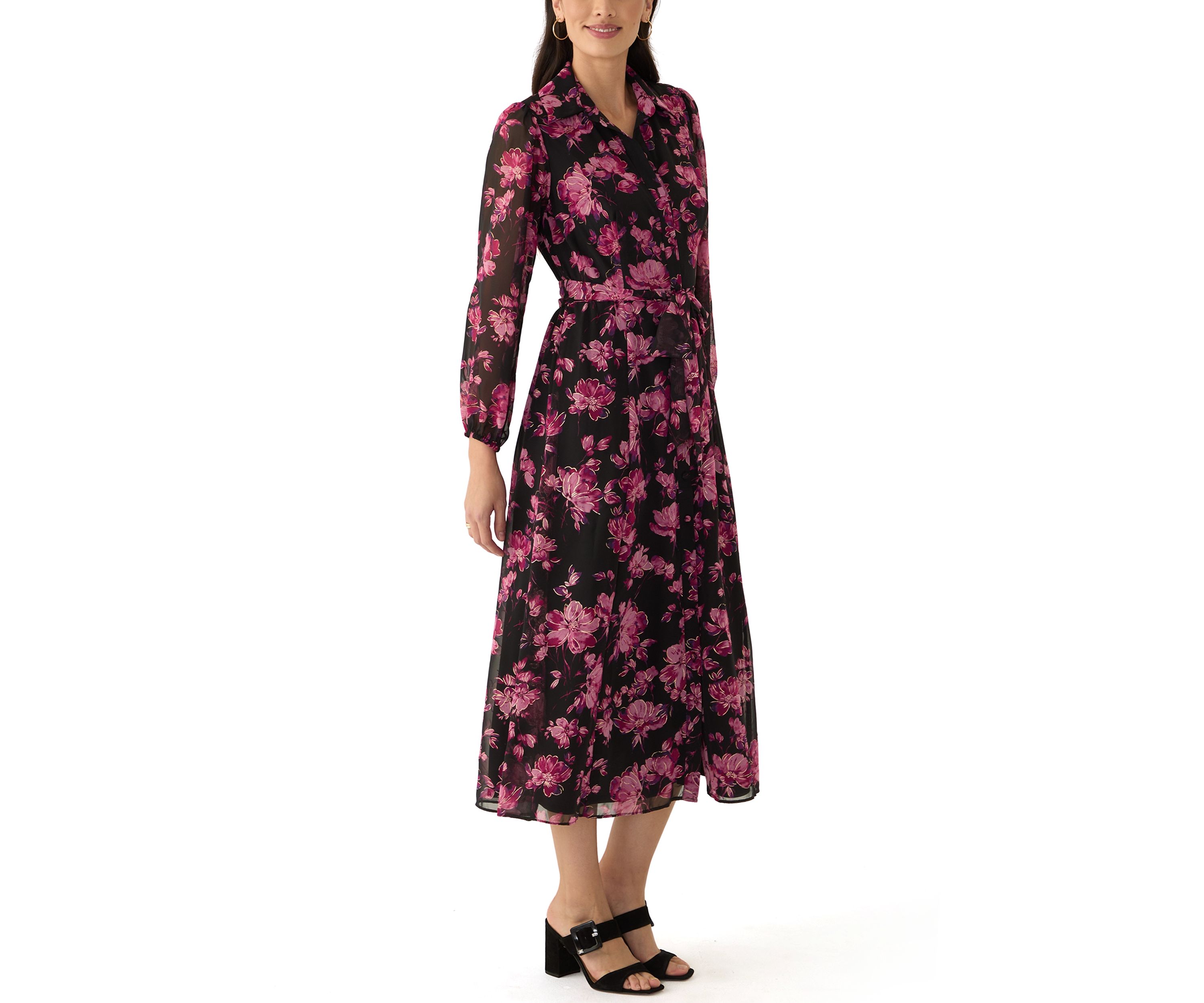 Womens Long Sleeve V-Neck Floral Print Chiffon Fit and Flare Dress