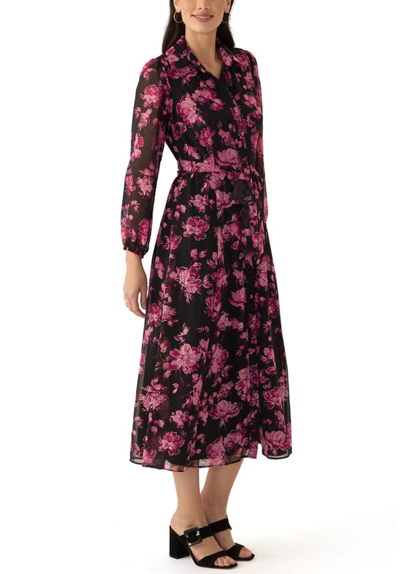 Womens Long Sleeve V-Neck Floral Print Chiffon Fit and Flare Dress