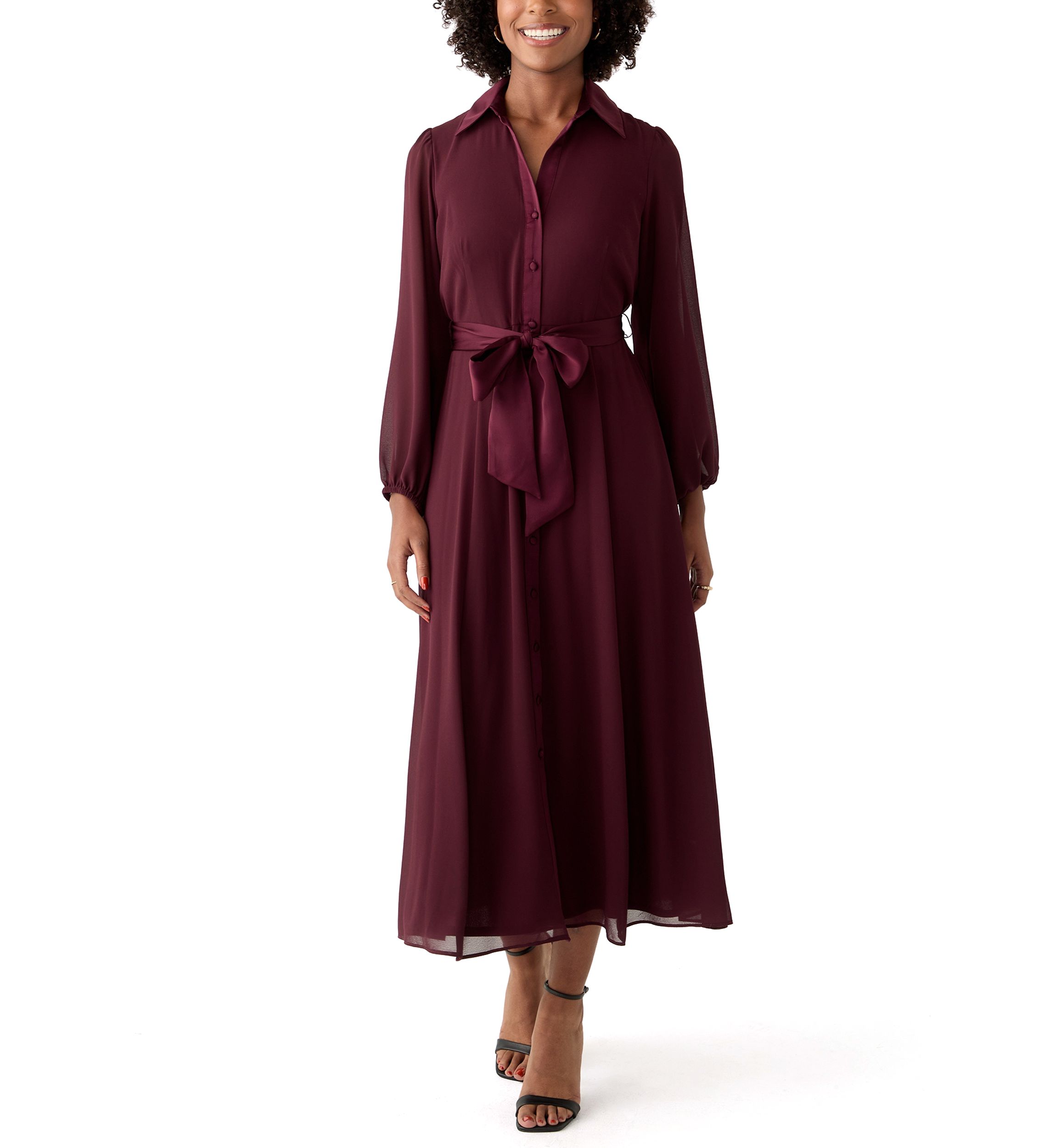 Womens Long Sleeve Tie Waist Solid Chiffon Fit and Flare Dress