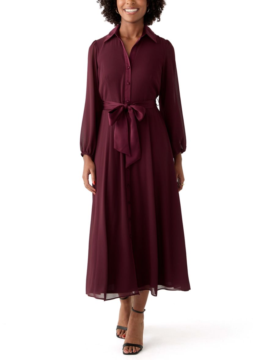 Womens Long Sleeve Tie Waist Solid Chiffon Fit and Flare Dress