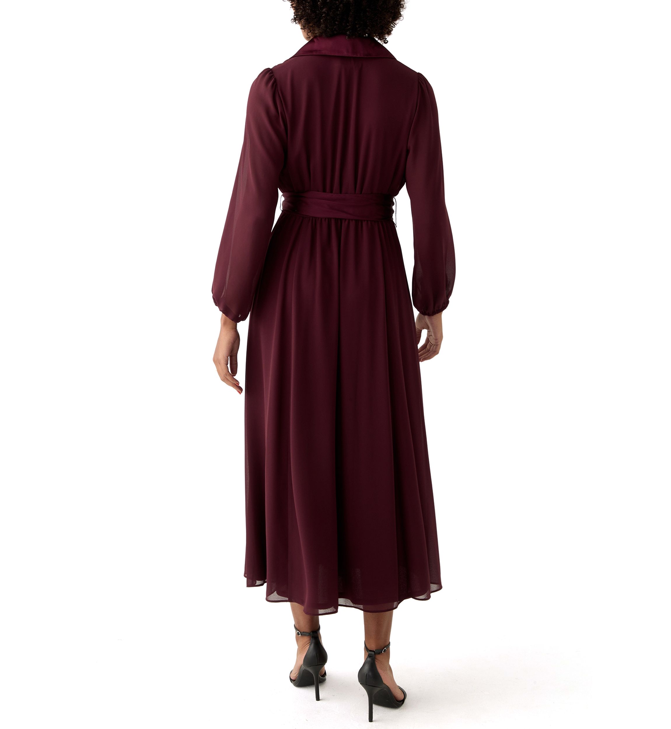 Womens Long Sleeve Tie Waist Solid Chiffon Fit and Flare Dress