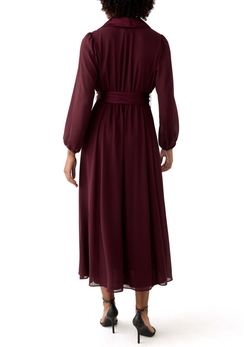 Womens Long Sleeve Tie Waist Solid Chiffon Fit and Flare Dress