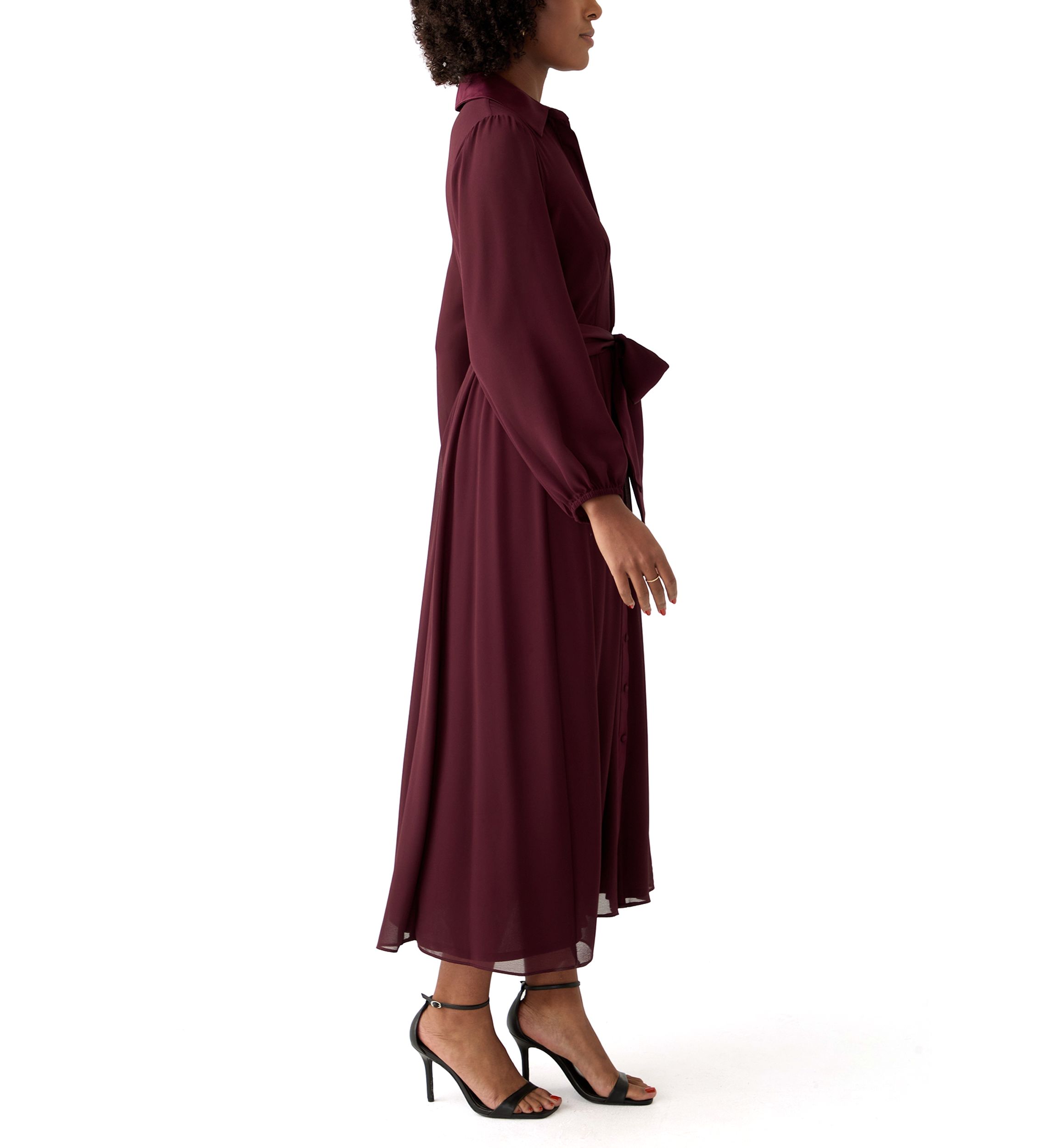 Womens Long Sleeve Tie Waist Solid Chiffon Fit and Flare Dress