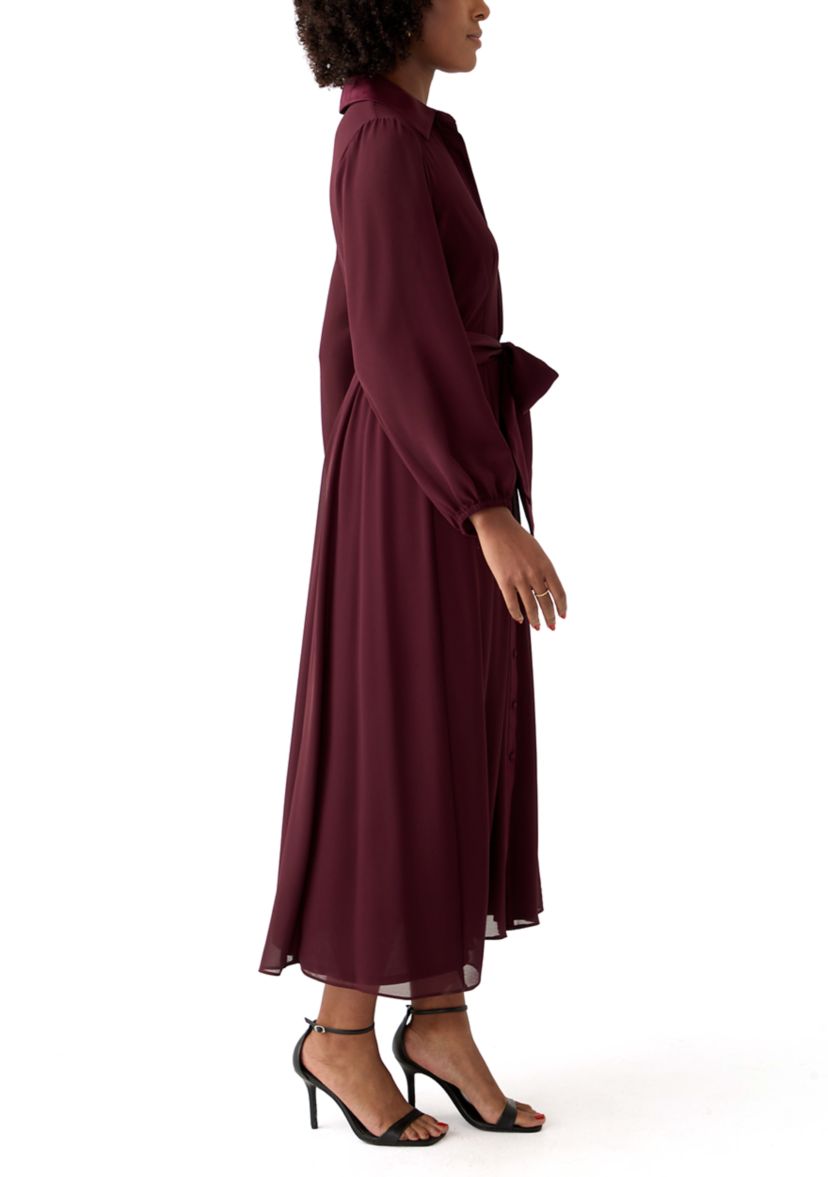 Womens Long Sleeve Tie Waist Solid Chiffon Fit and Flare Dress