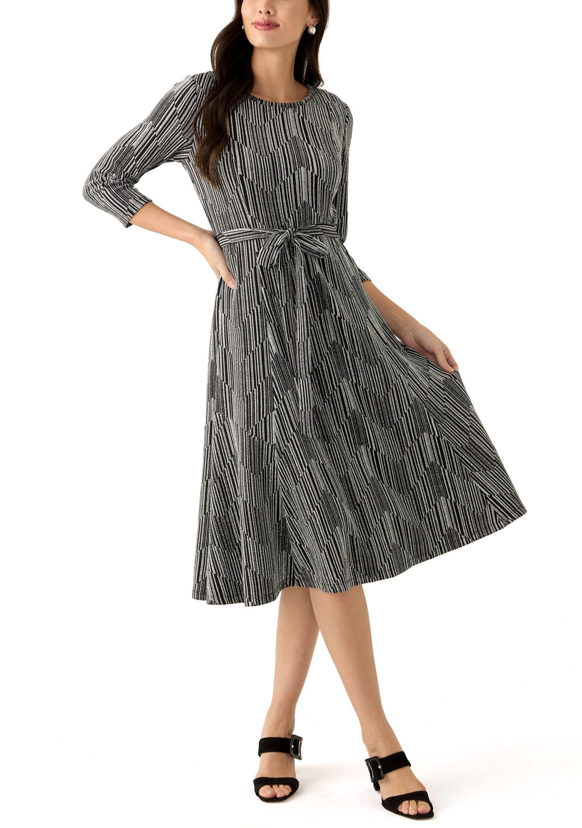Womens Long Sleeve Crew Neck Printed Tie Waist Glitter Fit and Flare Dress