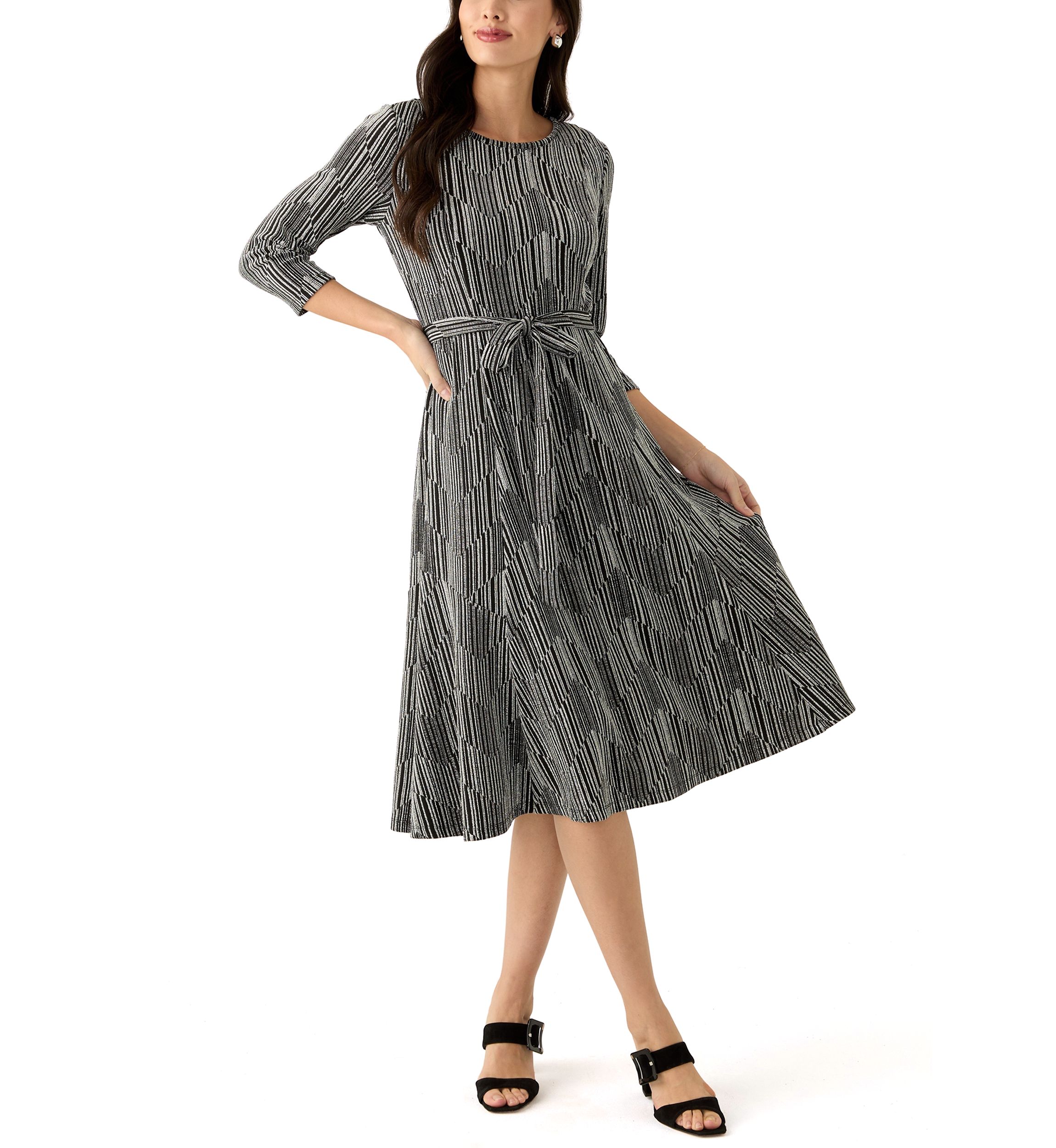 Womens Long Sleeve Crew Neck Printed Tie Waist Glitter Fit and Flare Dress