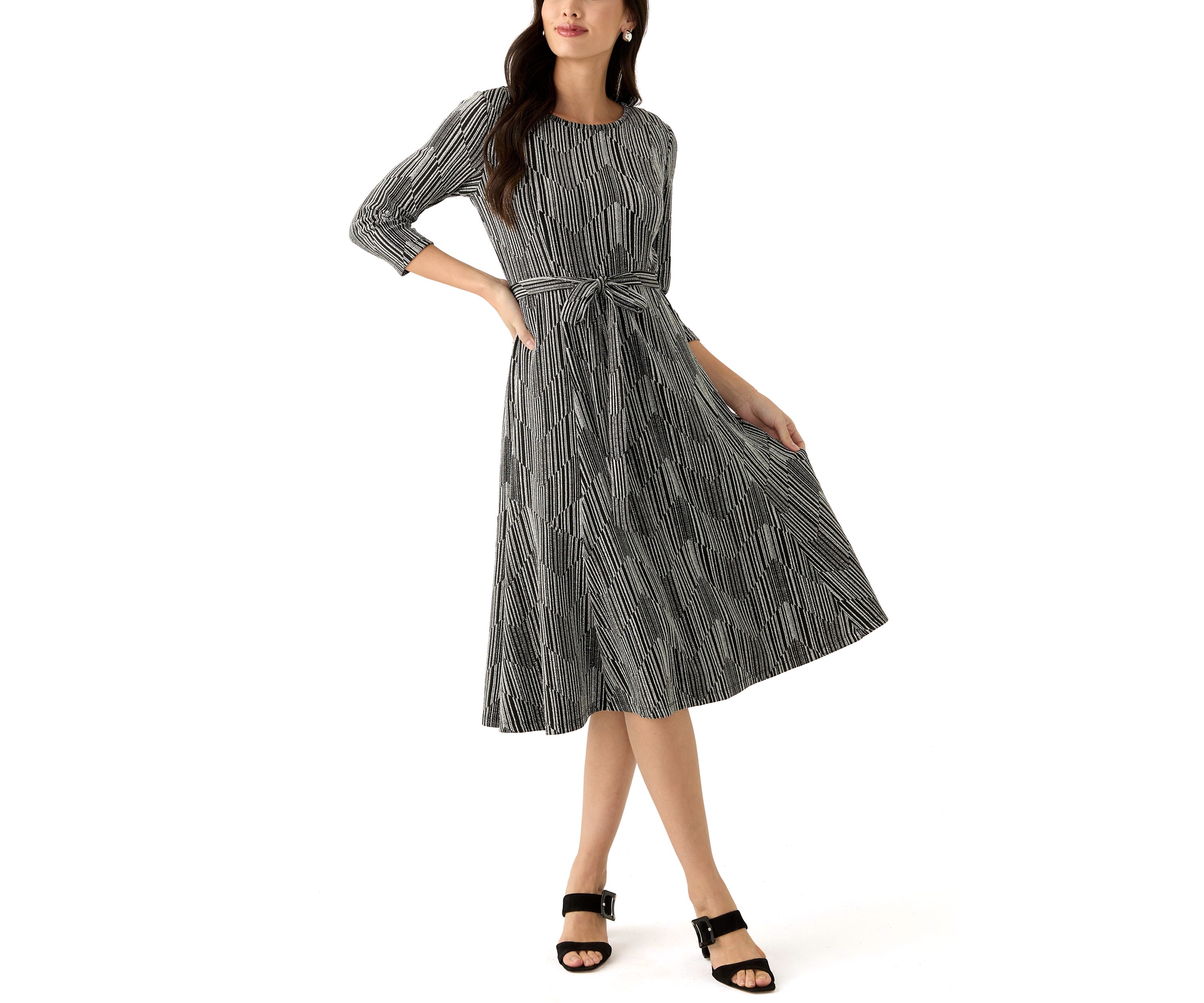 Womens Long Sleeve Crew Neck Printed Tie Waist Glitter Fit and Flare Dress