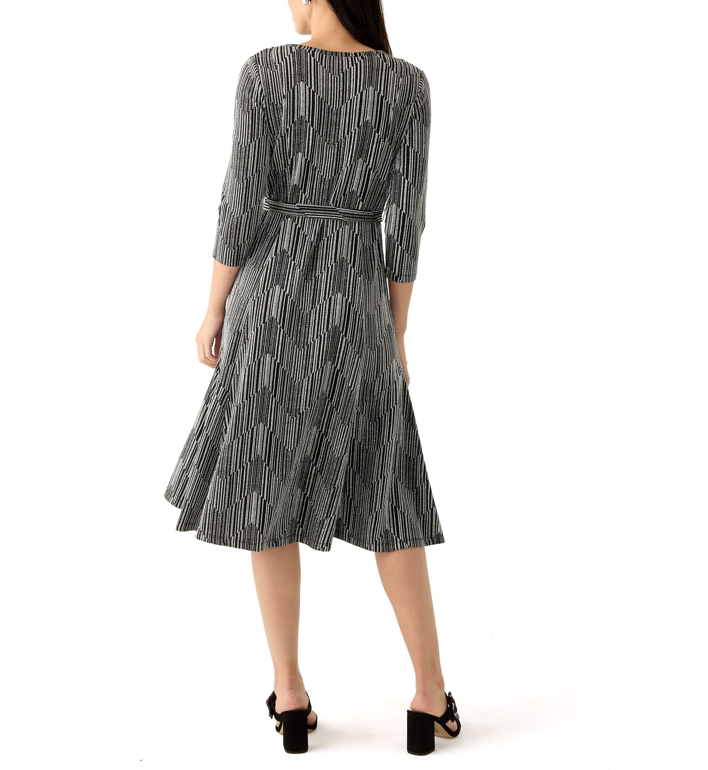 Womens Long Sleeve Crew Neck Printed Tie Waist Glitter Fit and Flare Dress