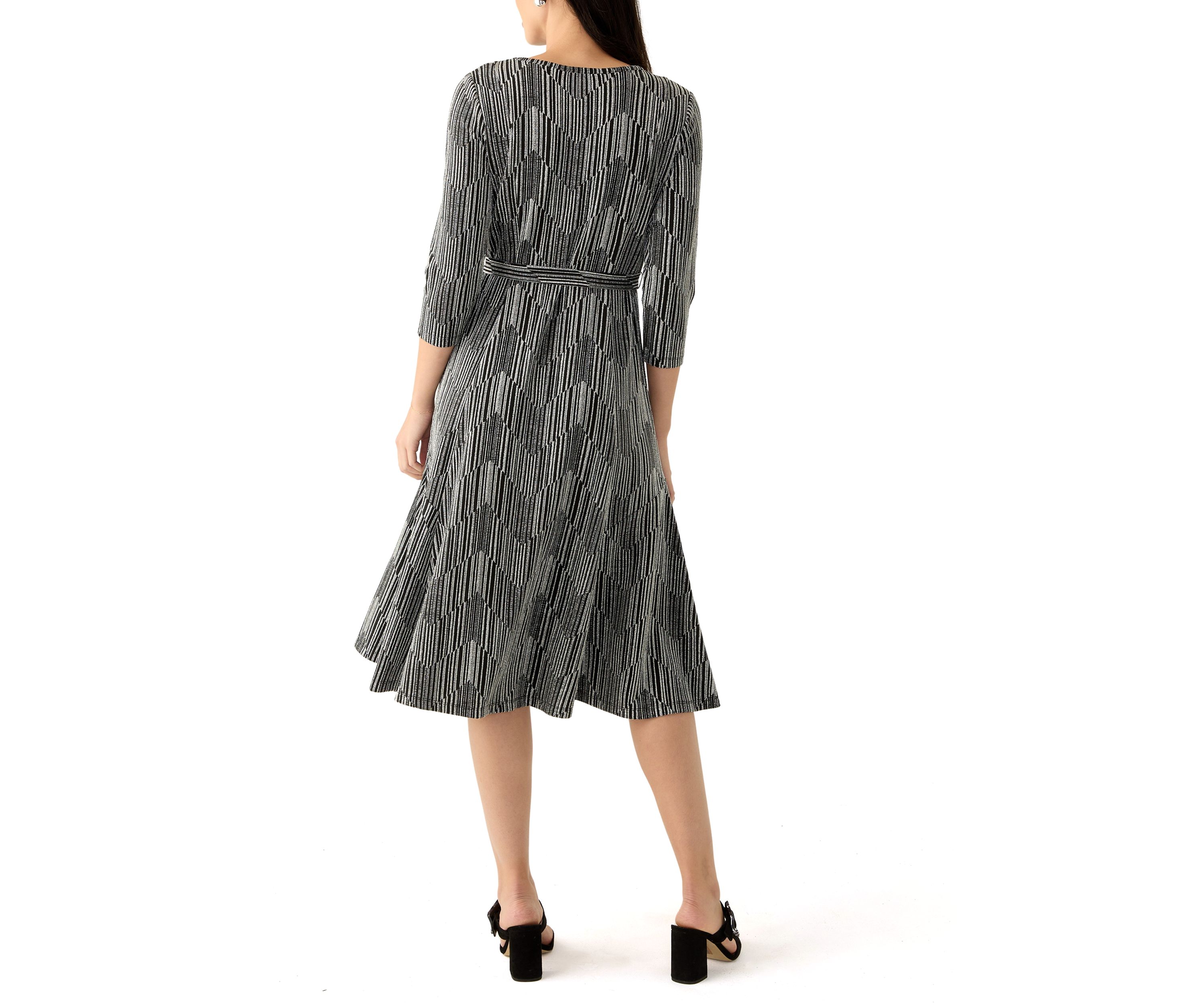 Womens Long Sleeve Crew Neck Printed Tie Waist Glitter Fit and Flare Dress