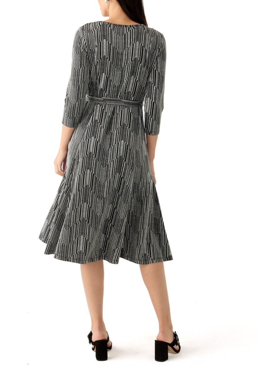 Womens Long Sleeve Crew Neck Printed Tie Waist Glitter Fit and Flare Dress