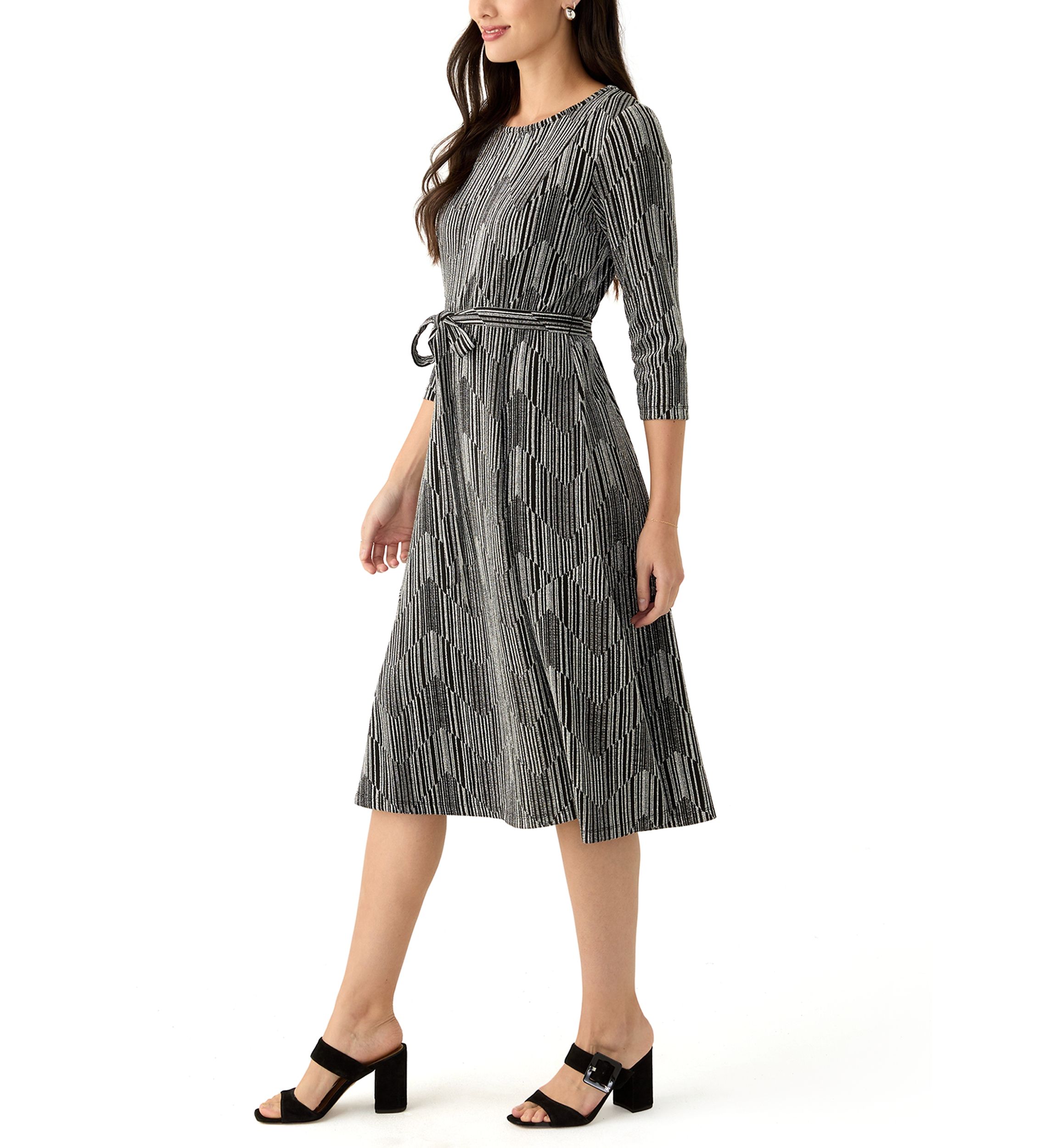 Womens Long Sleeve Crew Neck Printed Tie Waist Glitter Fit and Flare Dress