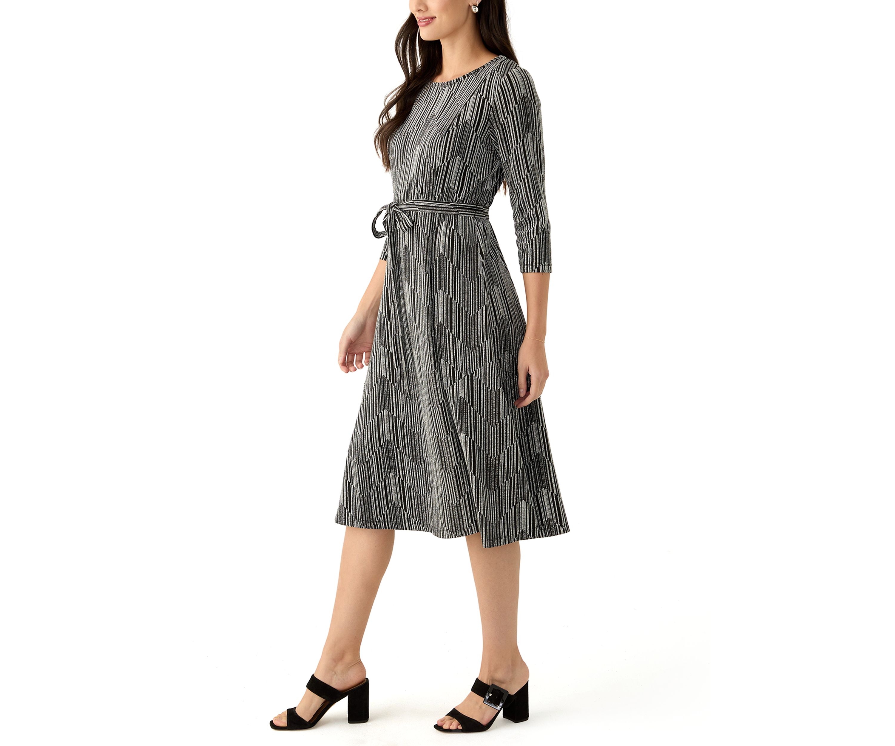 Womens Long Sleeve Crew Neck Printed Tie Waist Glitter Fit and Flare Dress
