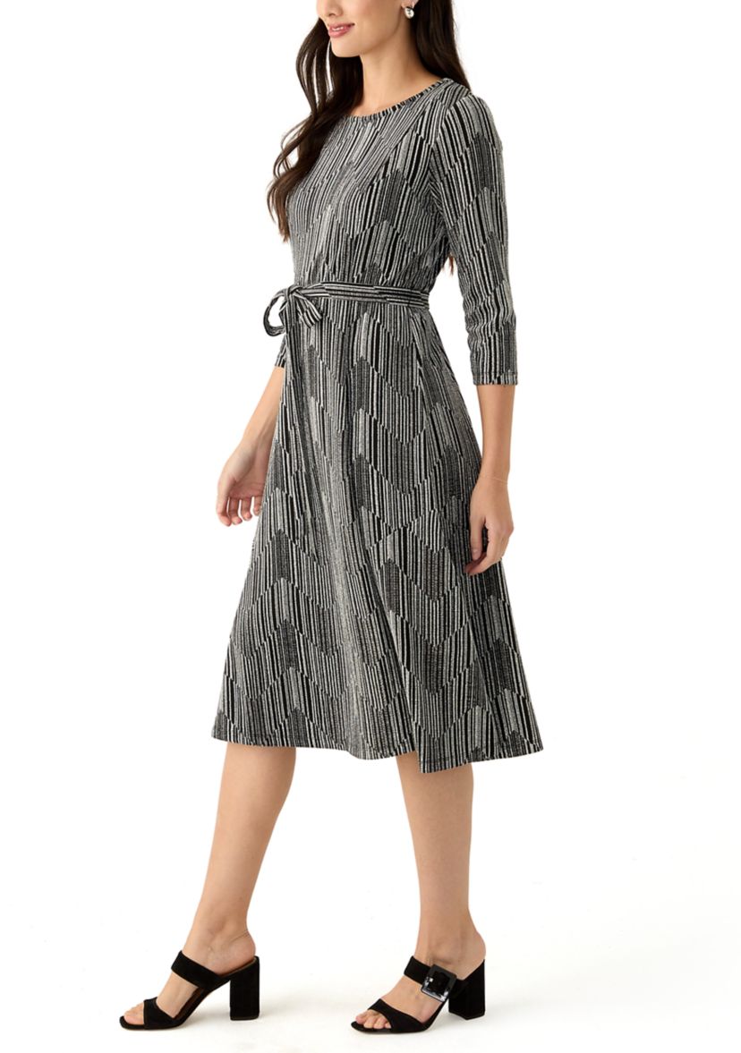 Womens Long Sleeve Crew Neck Printed Tie Waist Glitter Fit and Flare Dress