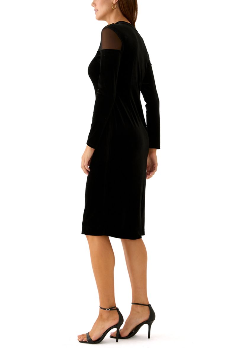 Womens Long Sleeve Mock Neck Solid Velvet Sheath Dress