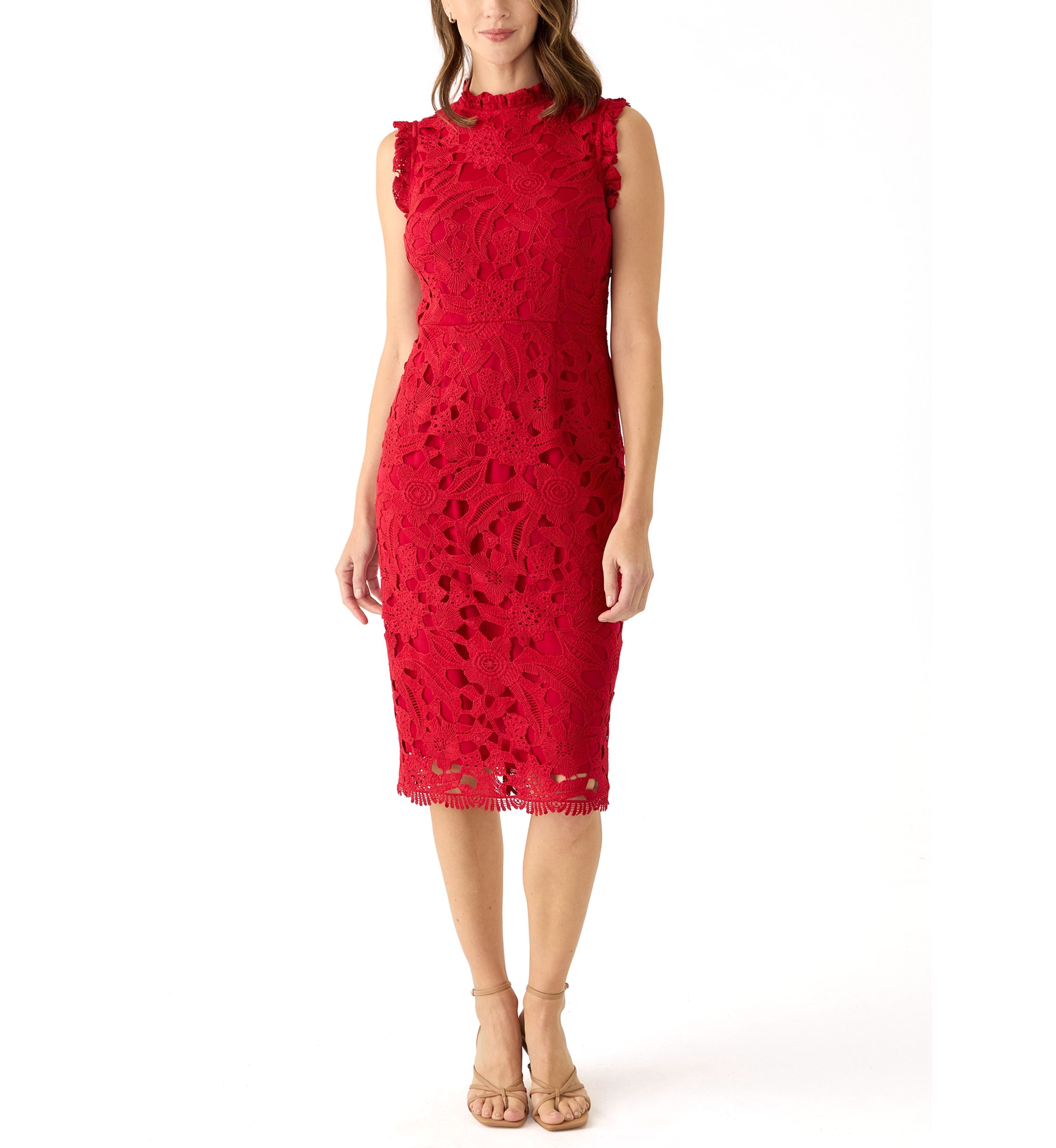 Womens Sleeveless Mock Neck Solid Lace Sheath Dress