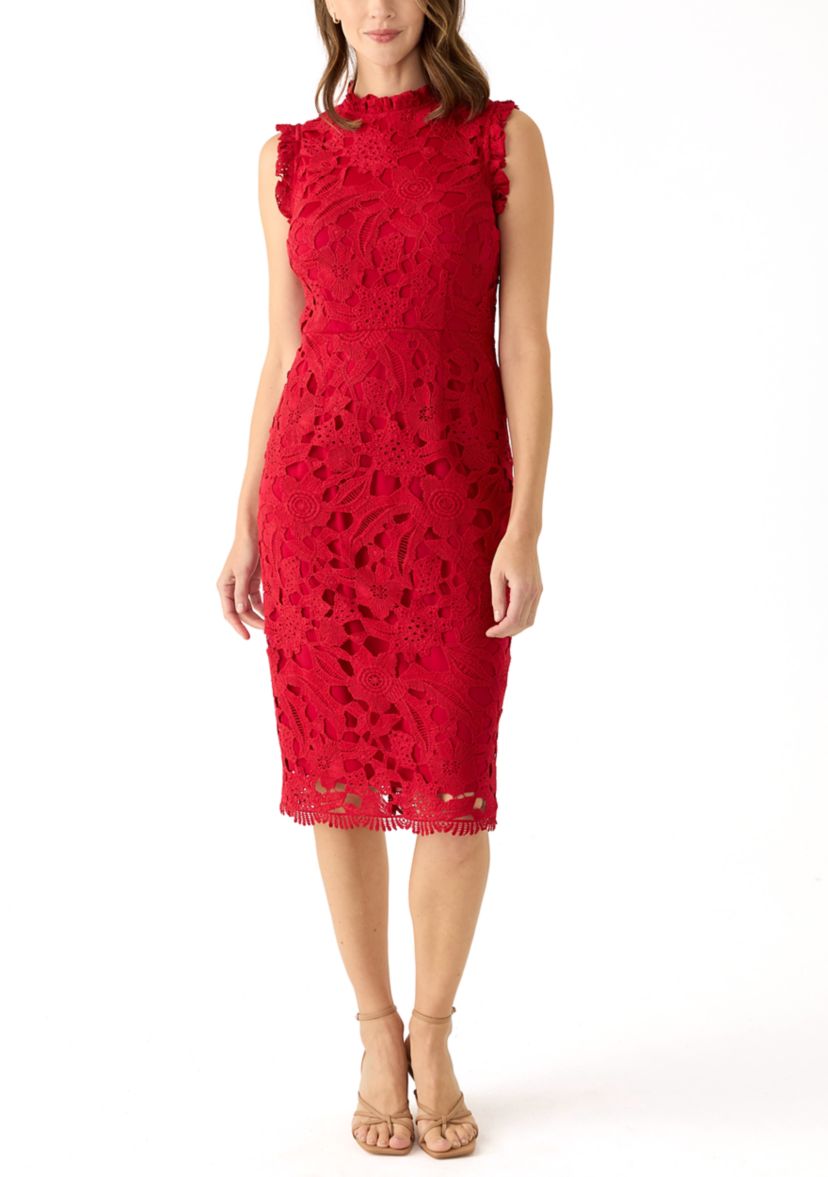 Womens Sleeveless Mock Neck Solid Lace Sheath Dress