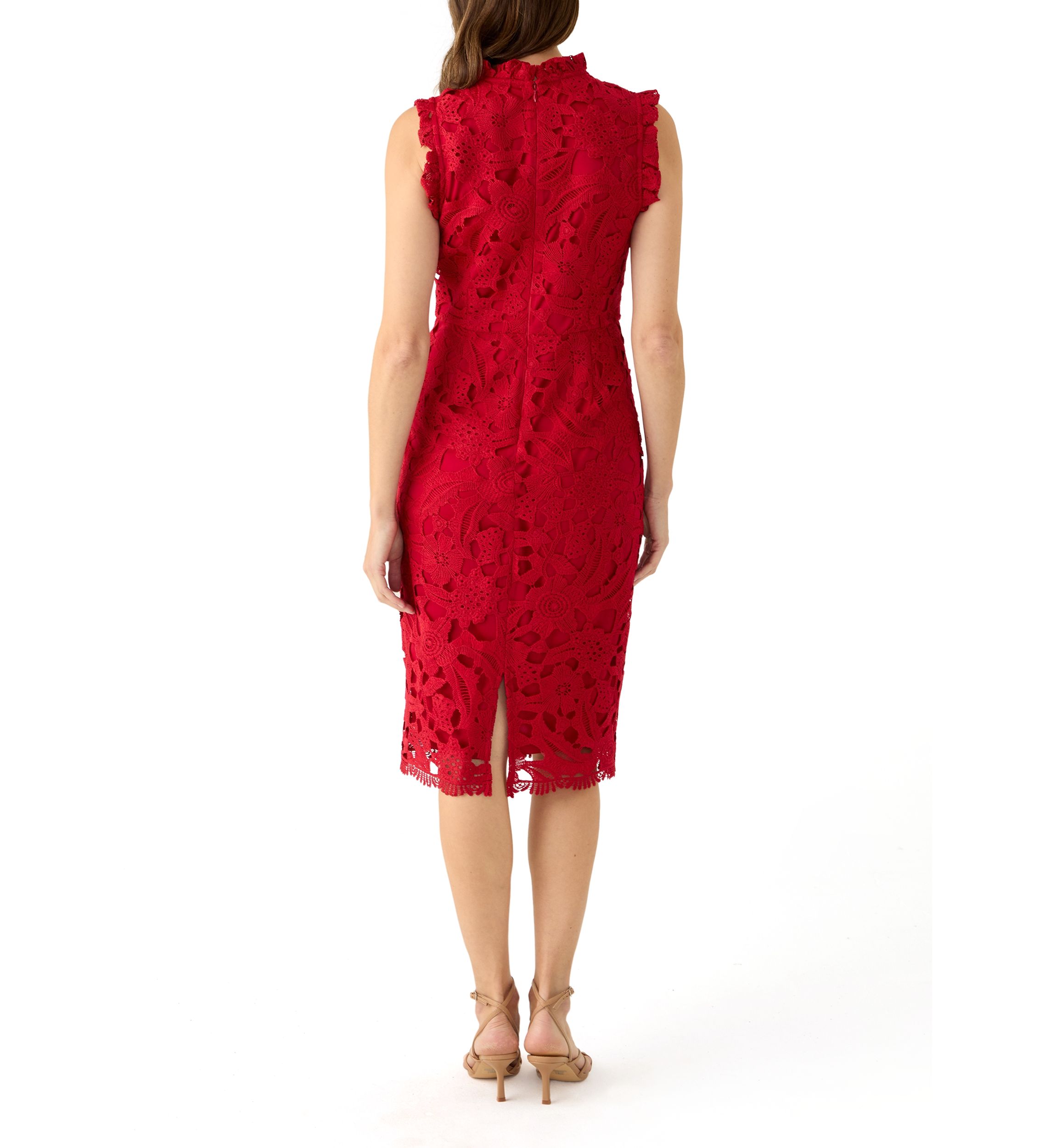 Womens Sleeveless Mock Neck Solid Lace Sheath Dress
