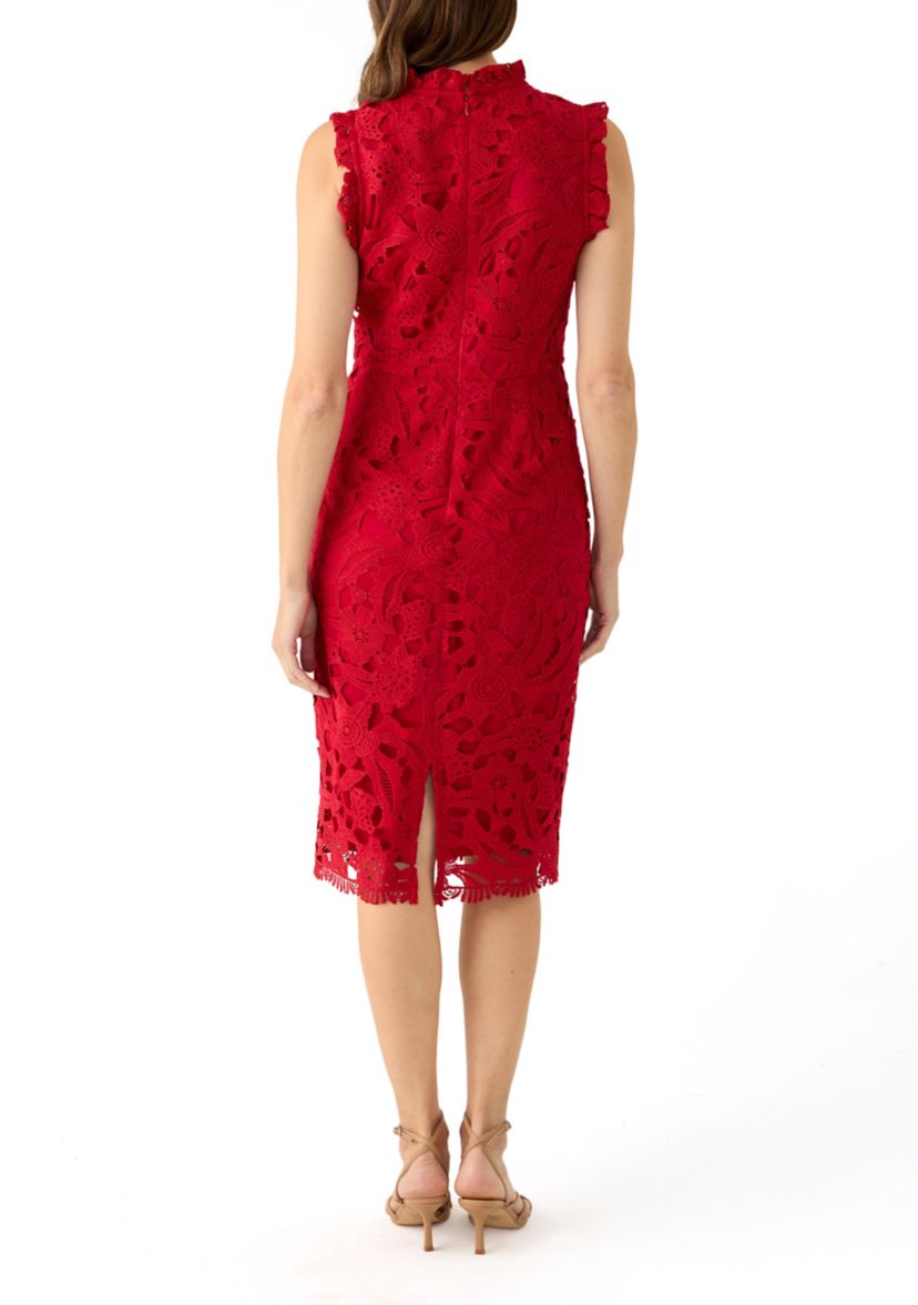 Womens Sleeveless Mock Neck Solid Lace Sheath Dress