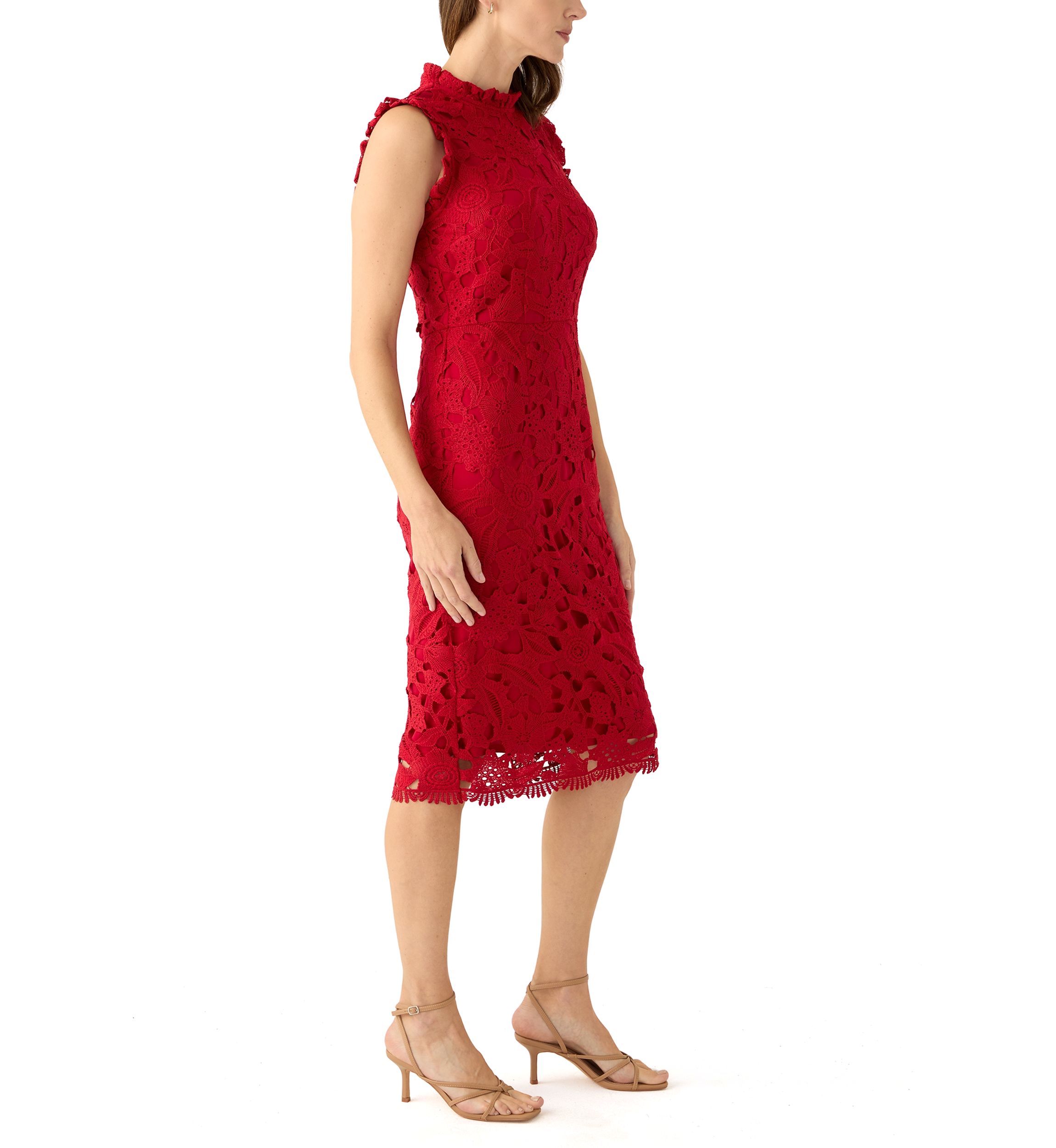 Womens Sleeveless Mock Neck Solid Lace Sheath Dress