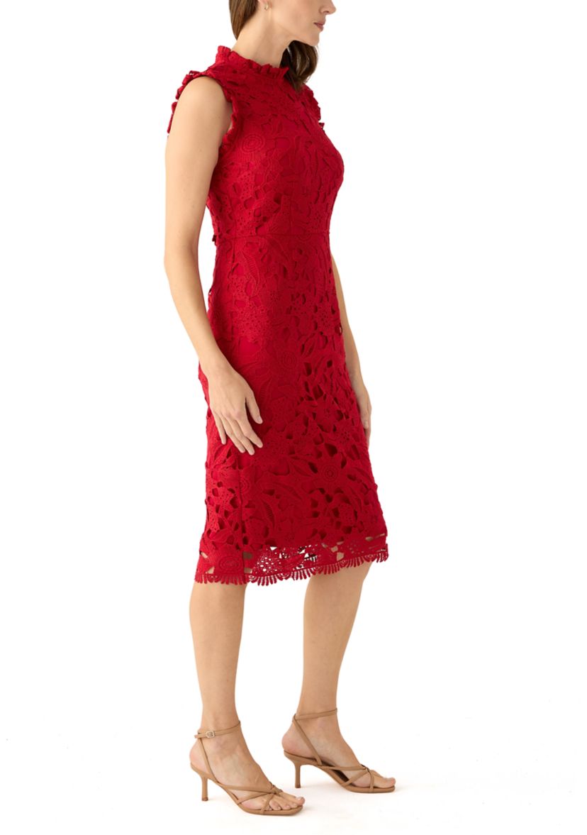 Womens Sleeveless Mock Neck Solid Lace Sheath Dress
