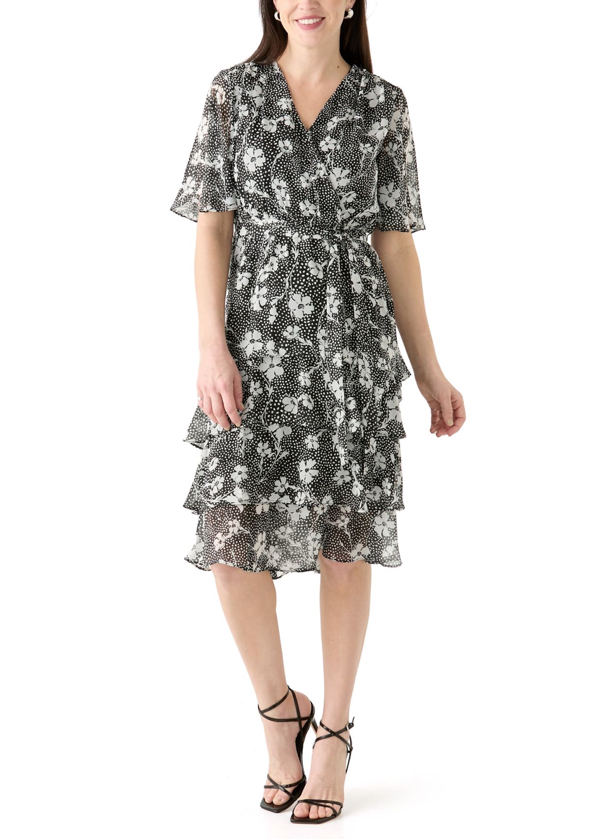 Womens Flutter Sleeve Ditsy Floral Chiffon Fit and Flare Dress