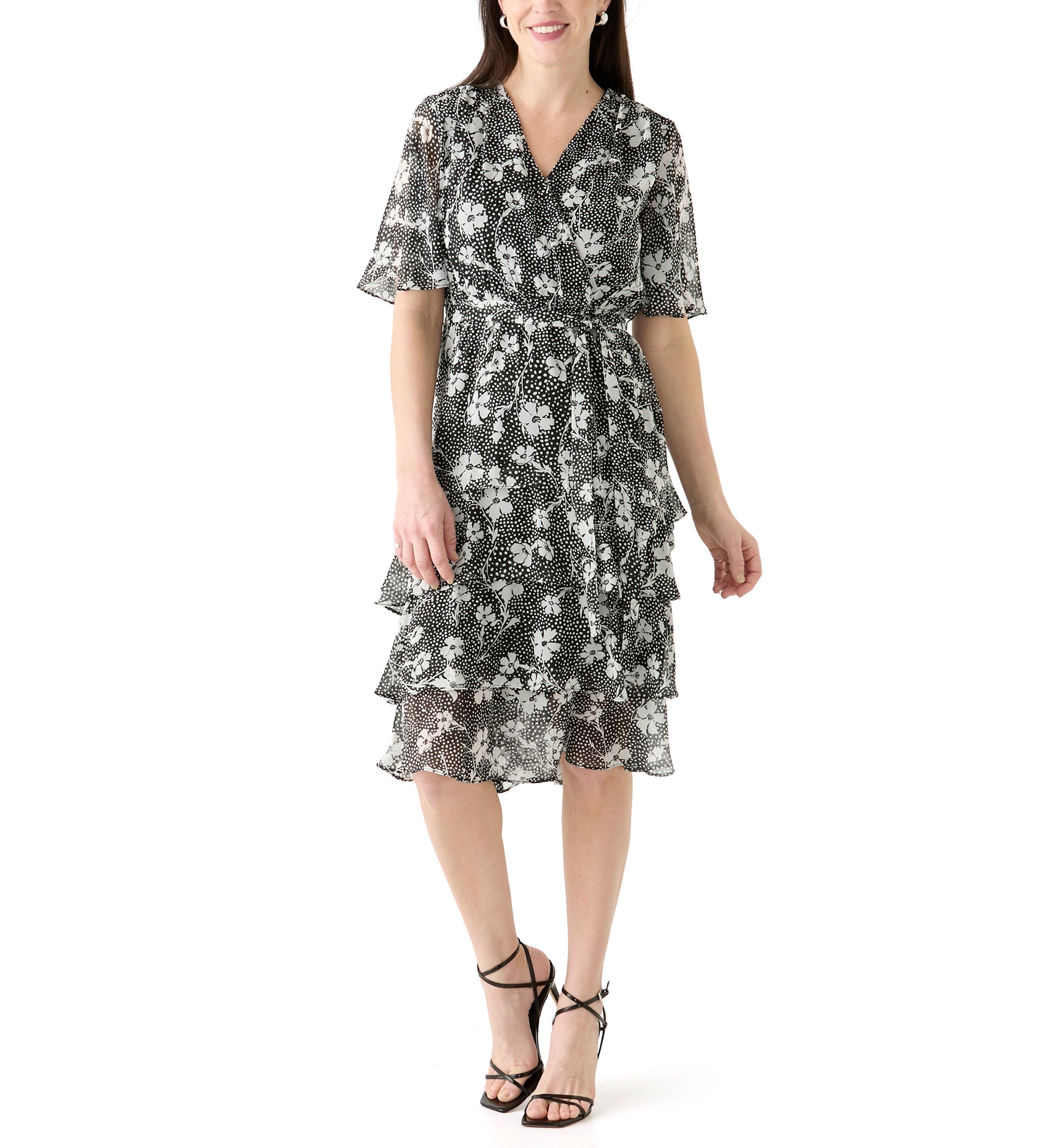 Womens Flutter Sleeve Ditsy Floral Chiffon Fit and Flare Dress
