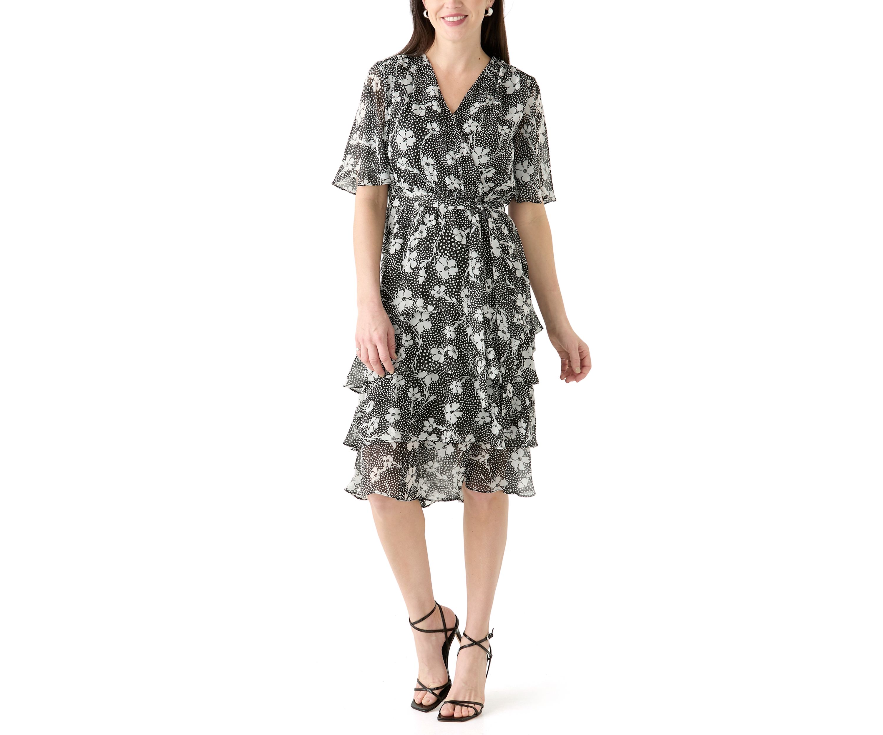 Womens Flutter Sleeve Ditsy Floral Chiffon Fit and Flare Dress