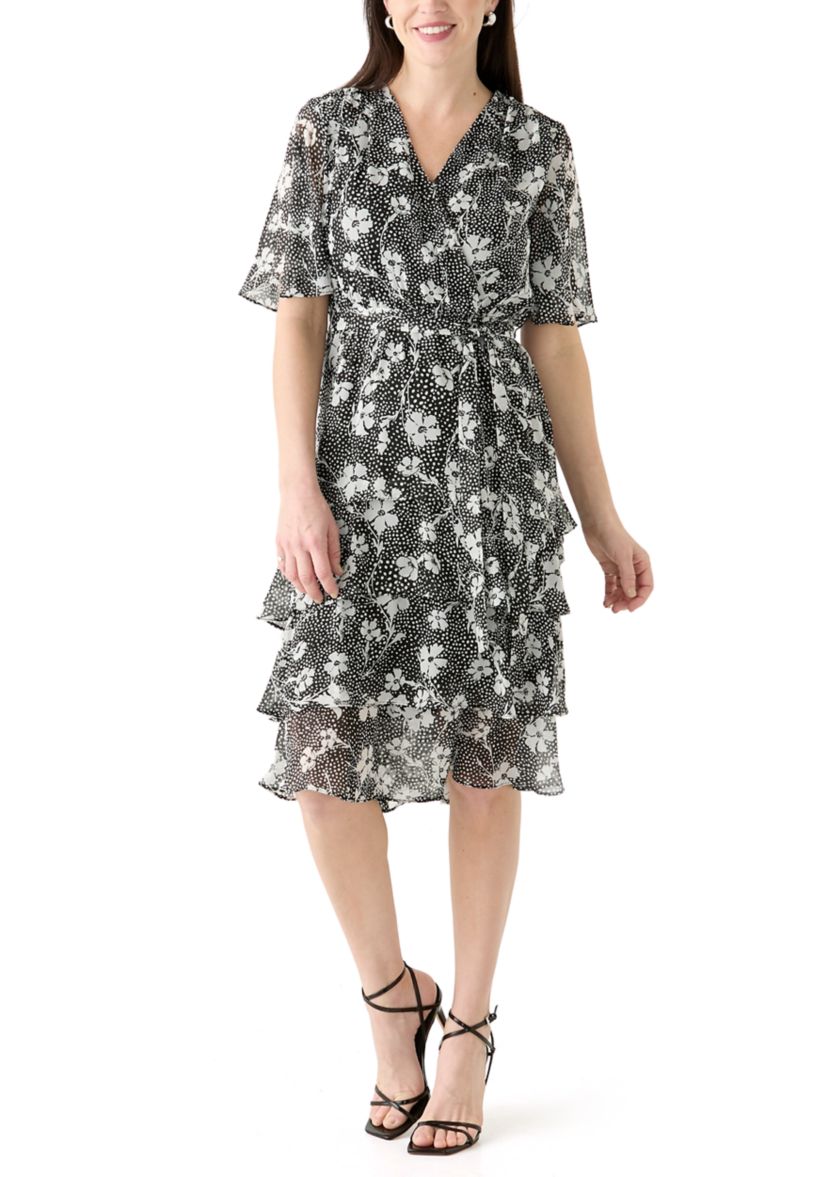 Womens Flutter Sleeve Ditsy Floral Chiffon Fit and Flare Dress