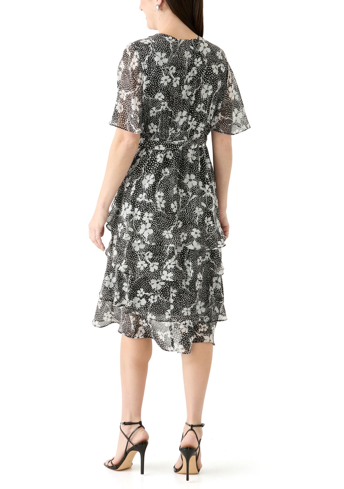 Womens Flutter Sleeve Ditsy Floral Chiffon Fit and Flare Dress