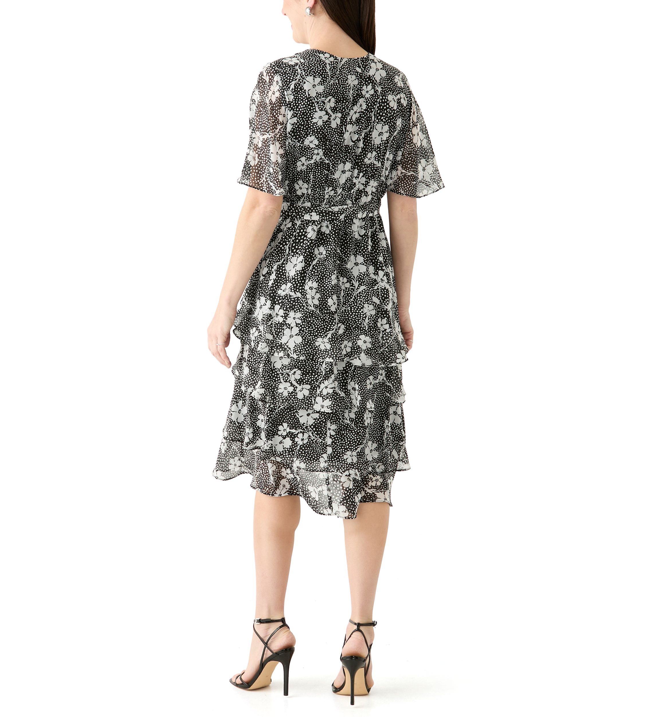 Womens Flutter Sleeve Ditsy Floral Chiffon Fit and Flare Dress